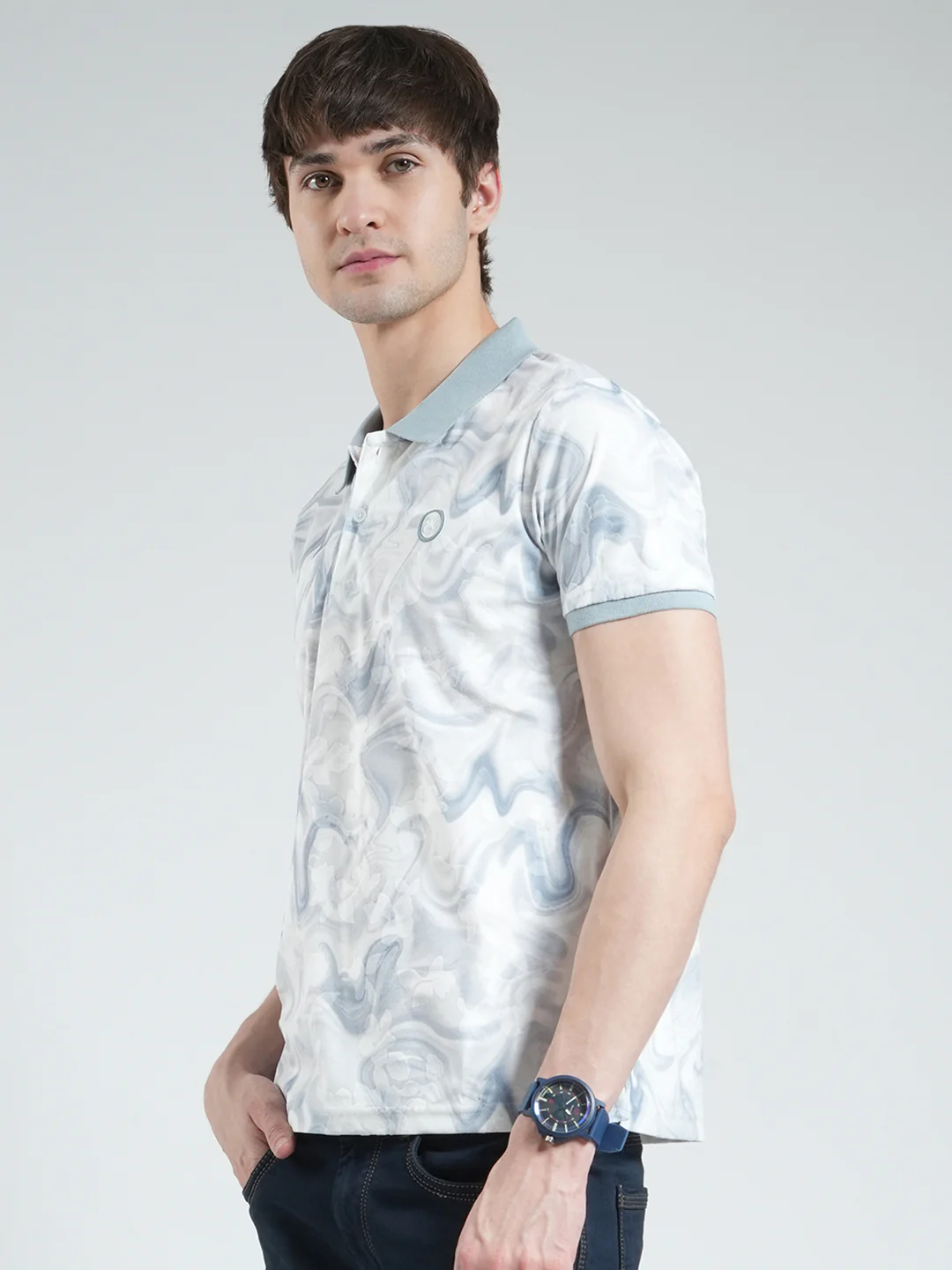 Men Blue Printed Collar Half Sleeve T-Shirt - Image 3