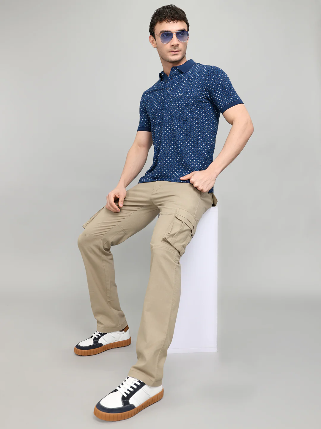 Men Blue Printed Collar Half Sleeve T-Shirt - Image 6