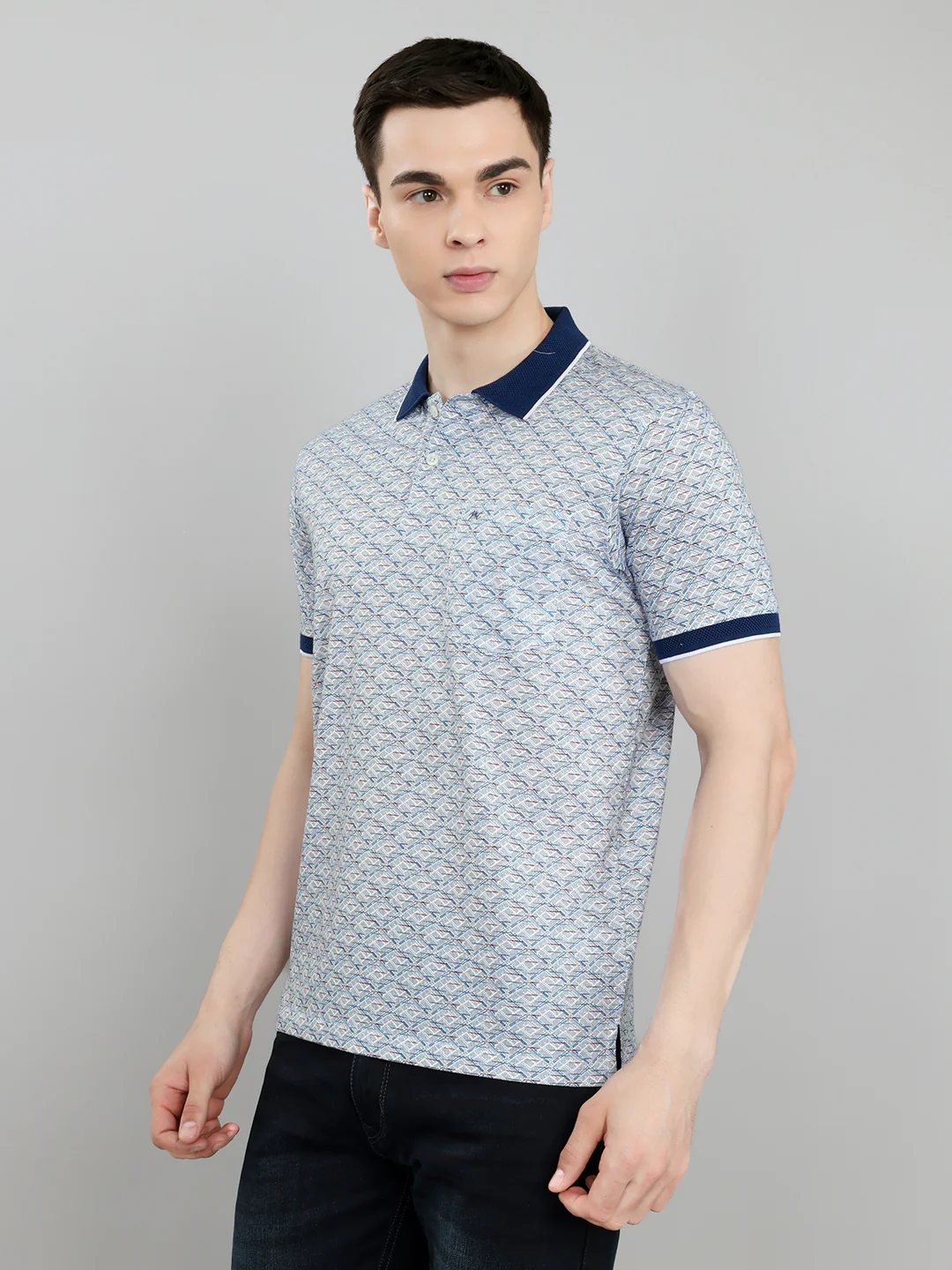 Men Blue Printed Collar Half Sleeve T-Shirt - Image 2