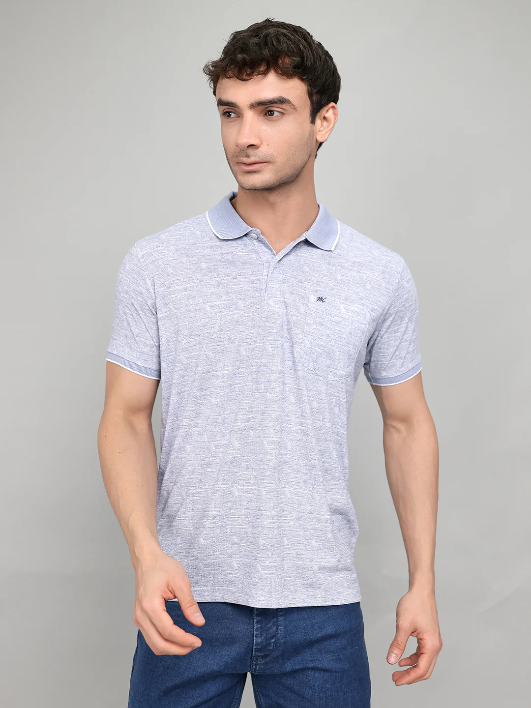 Men Blue Printed Collar Half Sleeve T-Shirt
