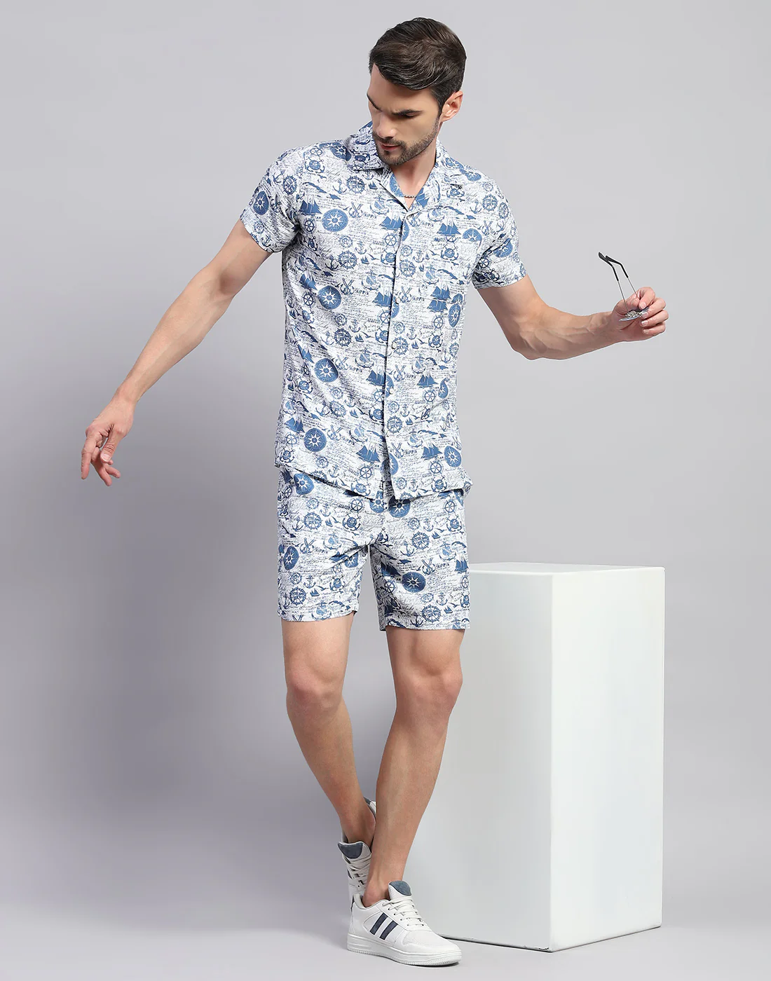 Men Blue Printed Collar Neck Half Sleeve Cords Set - Image 2