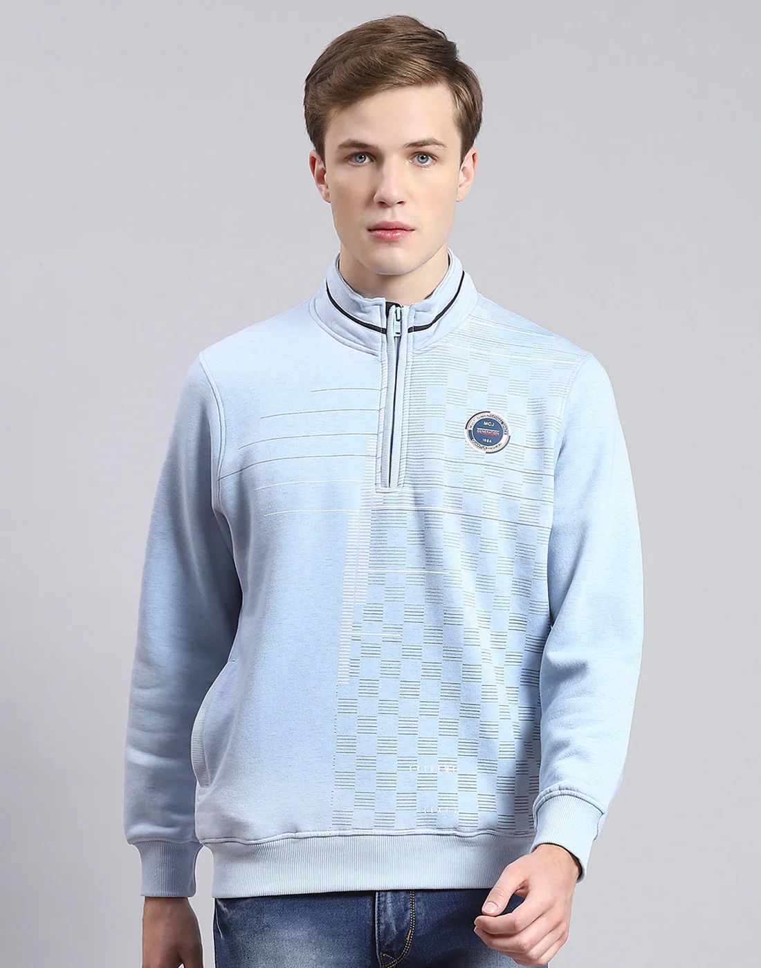 Men Blue Printed H Neck Full Sleeve Sweatshirt - Image 2