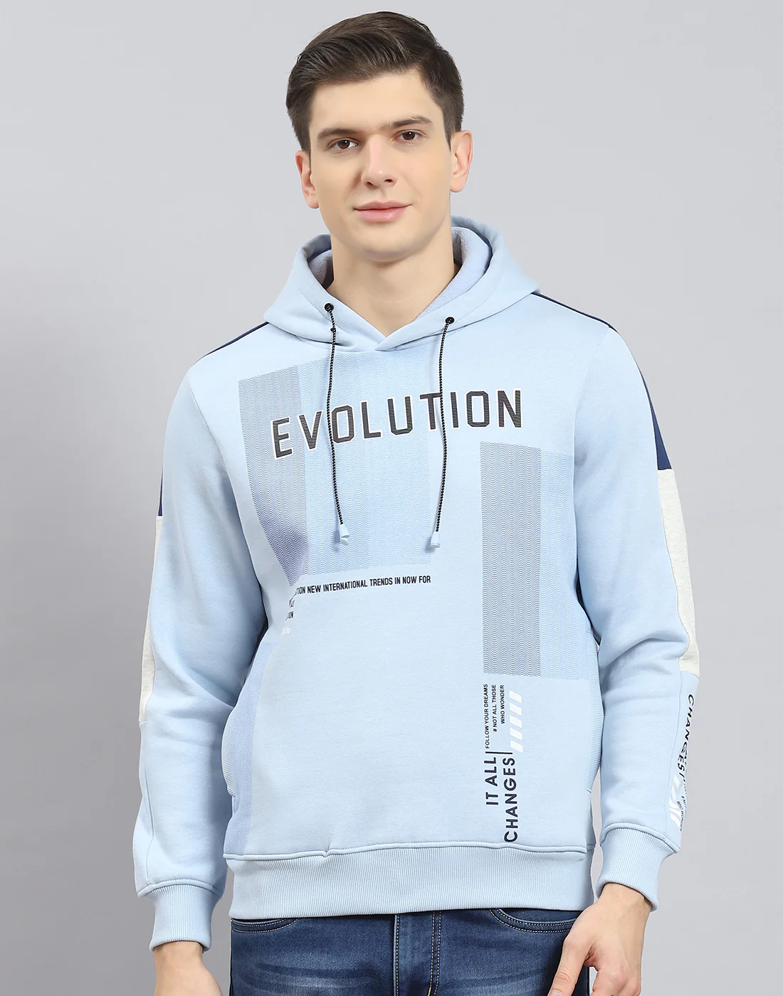 Men Blue Printed Hooded Full Sleeve Sweatshirt - Image 3