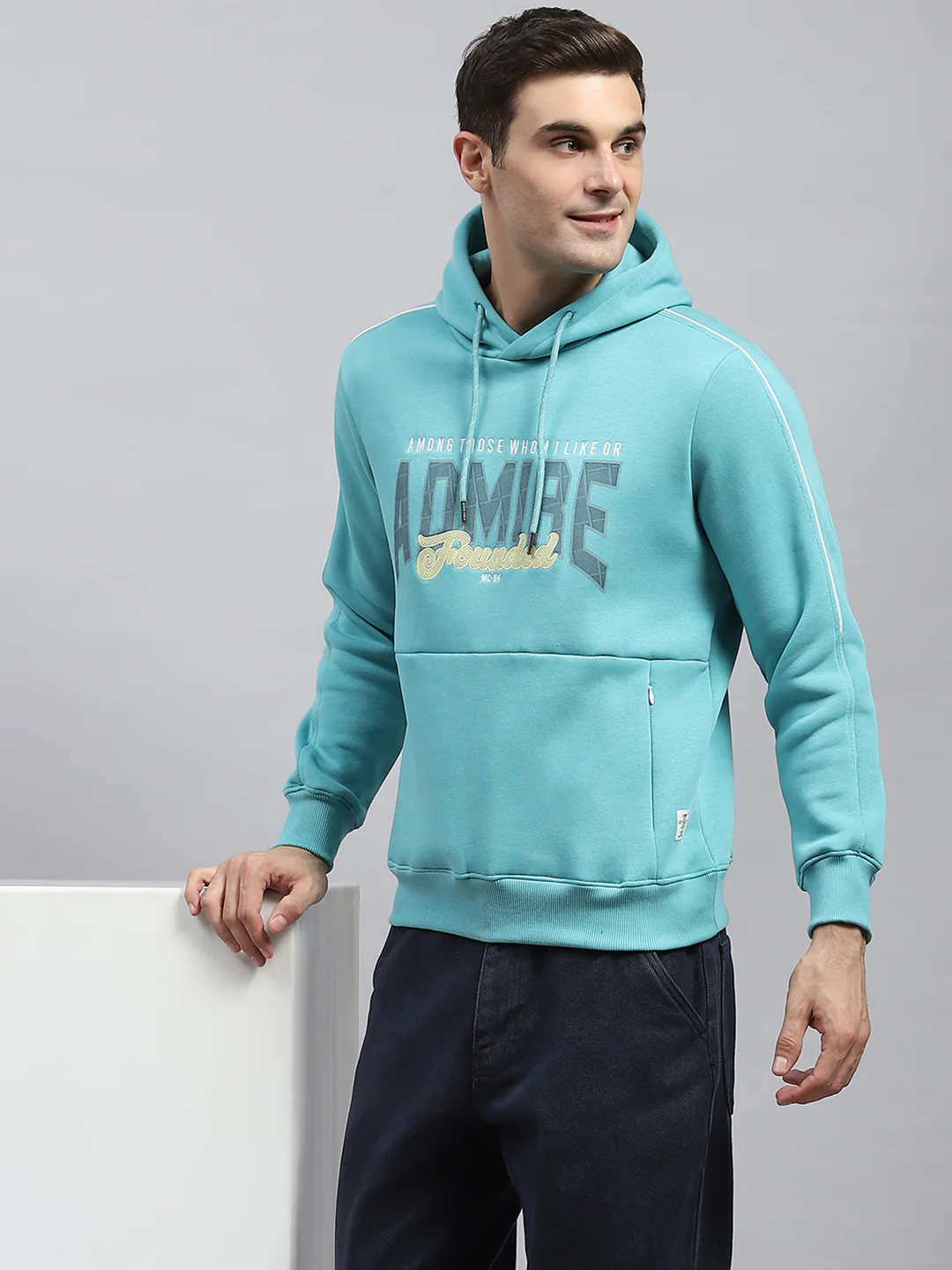 Men Blue Printed Hooded Full Sleeve Sweatshirt - Image 6