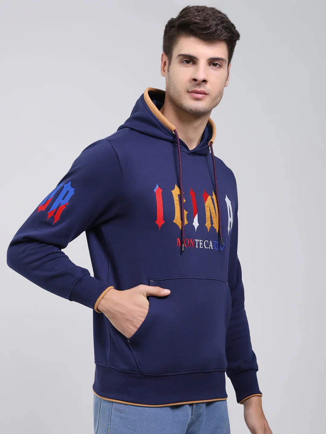 Men Blue Printed Hooded Full Sleeve Sweatshirt - Image 4