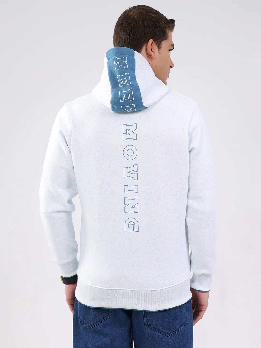 Men Blue Printed Hooded Full Sleeve Sweatshirt - Image 5