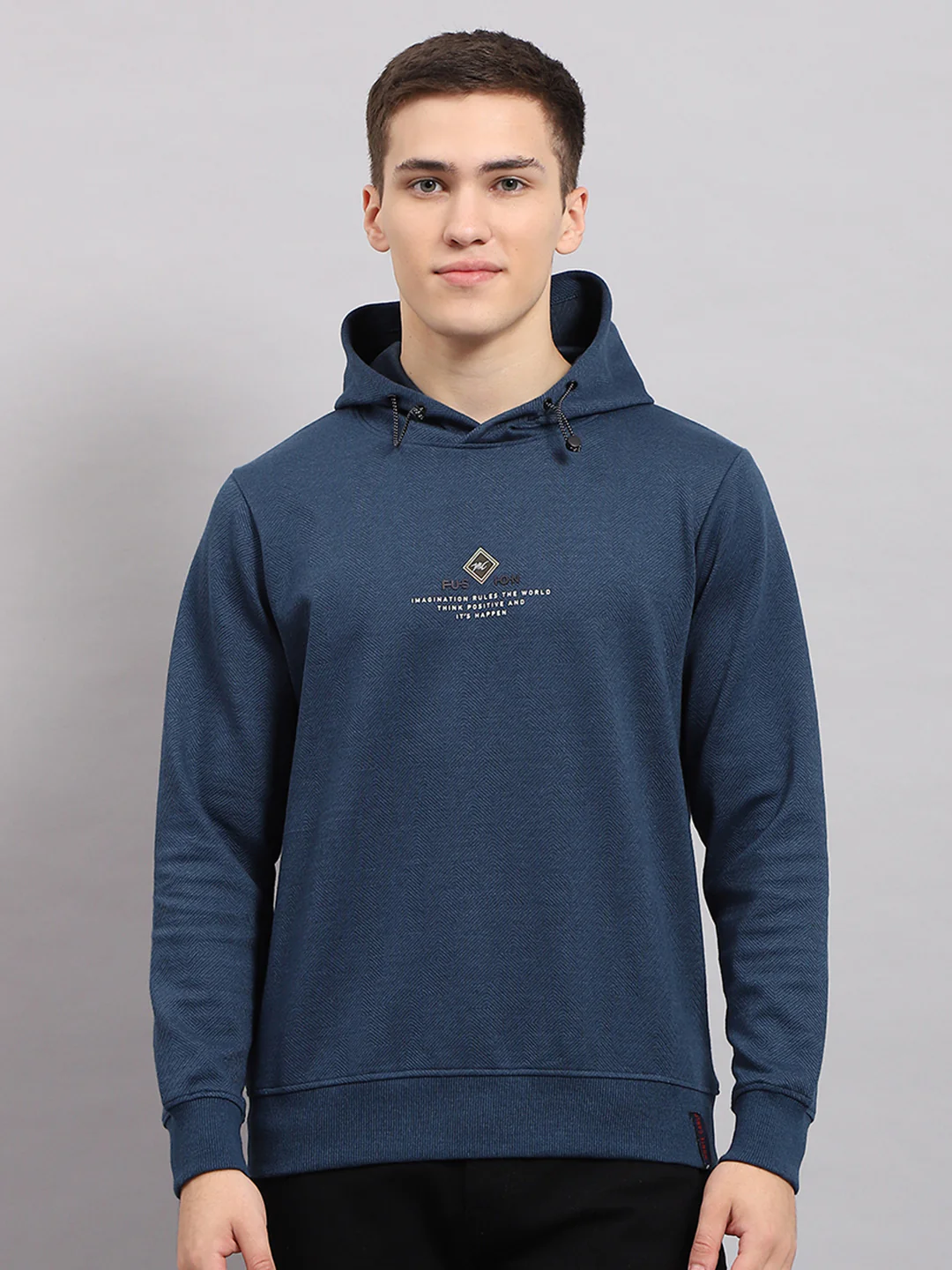 Men Blue Printed Hooded Full Sleeve T-Shirt - Image 2