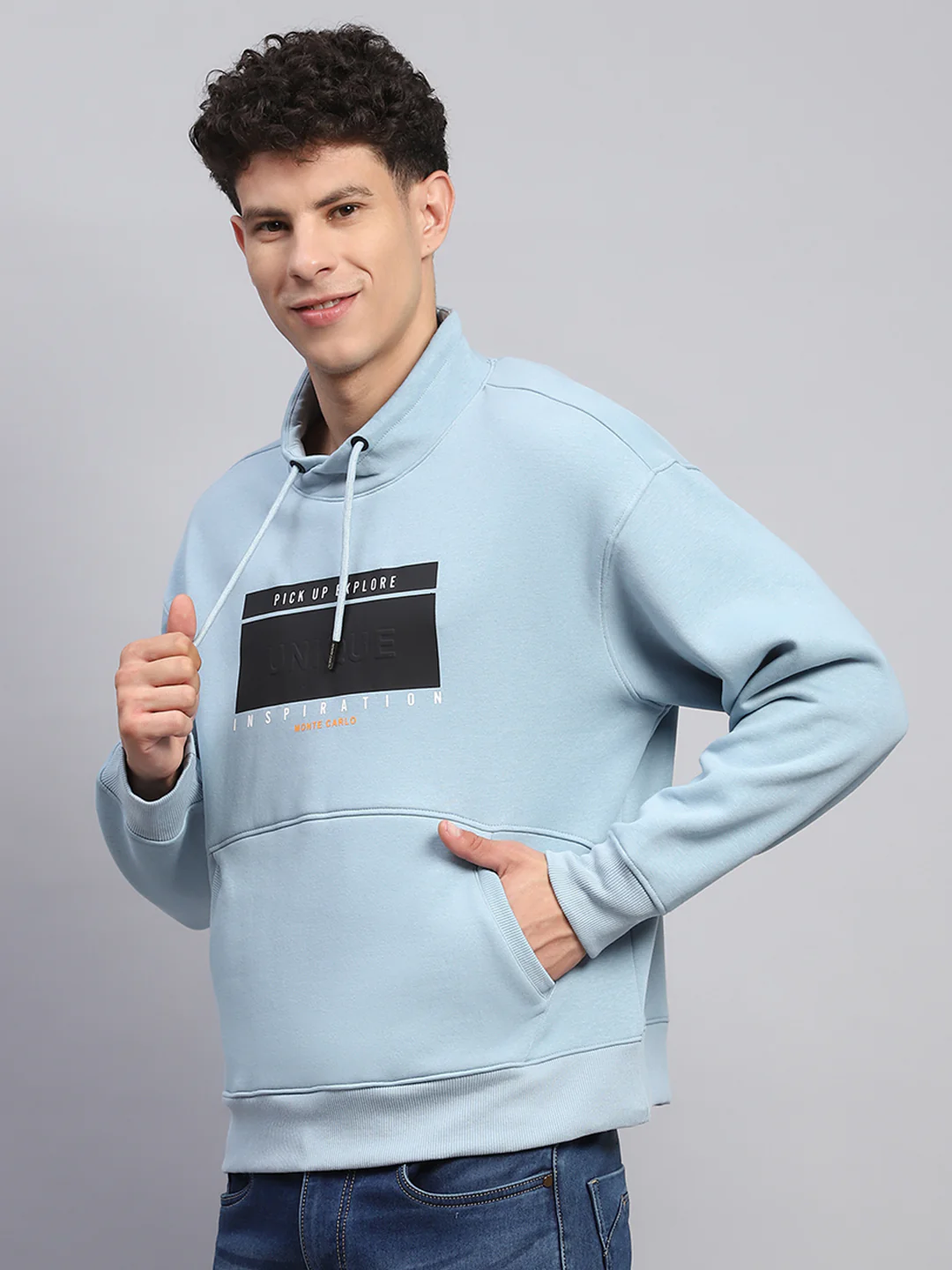 Men Blue Printed Mock Neck Full Sleeve Sweatshirt - Image 4