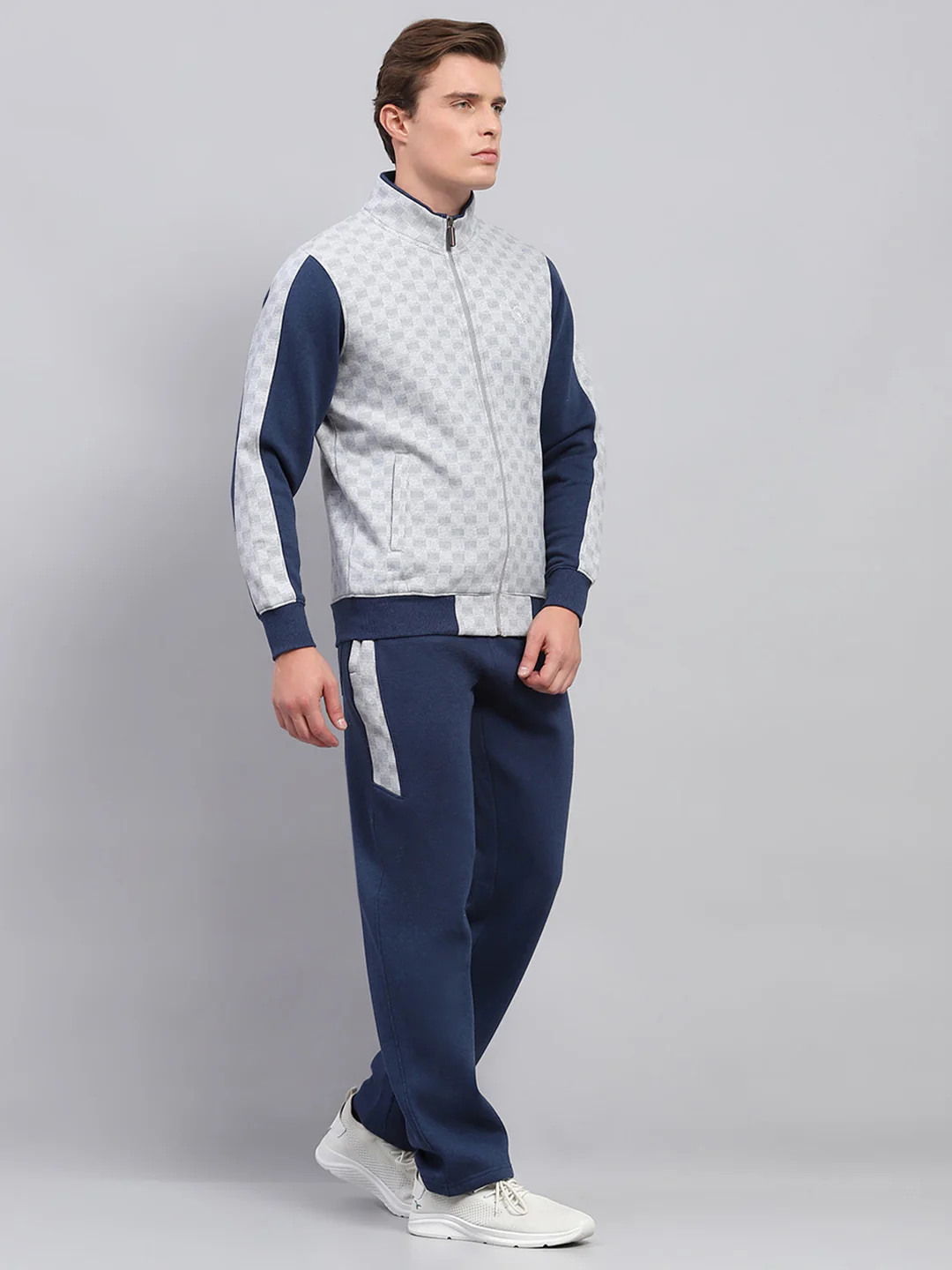 Men Blue Printed Mock Neck Full Sleeve Winter Tracksuit - Image 4