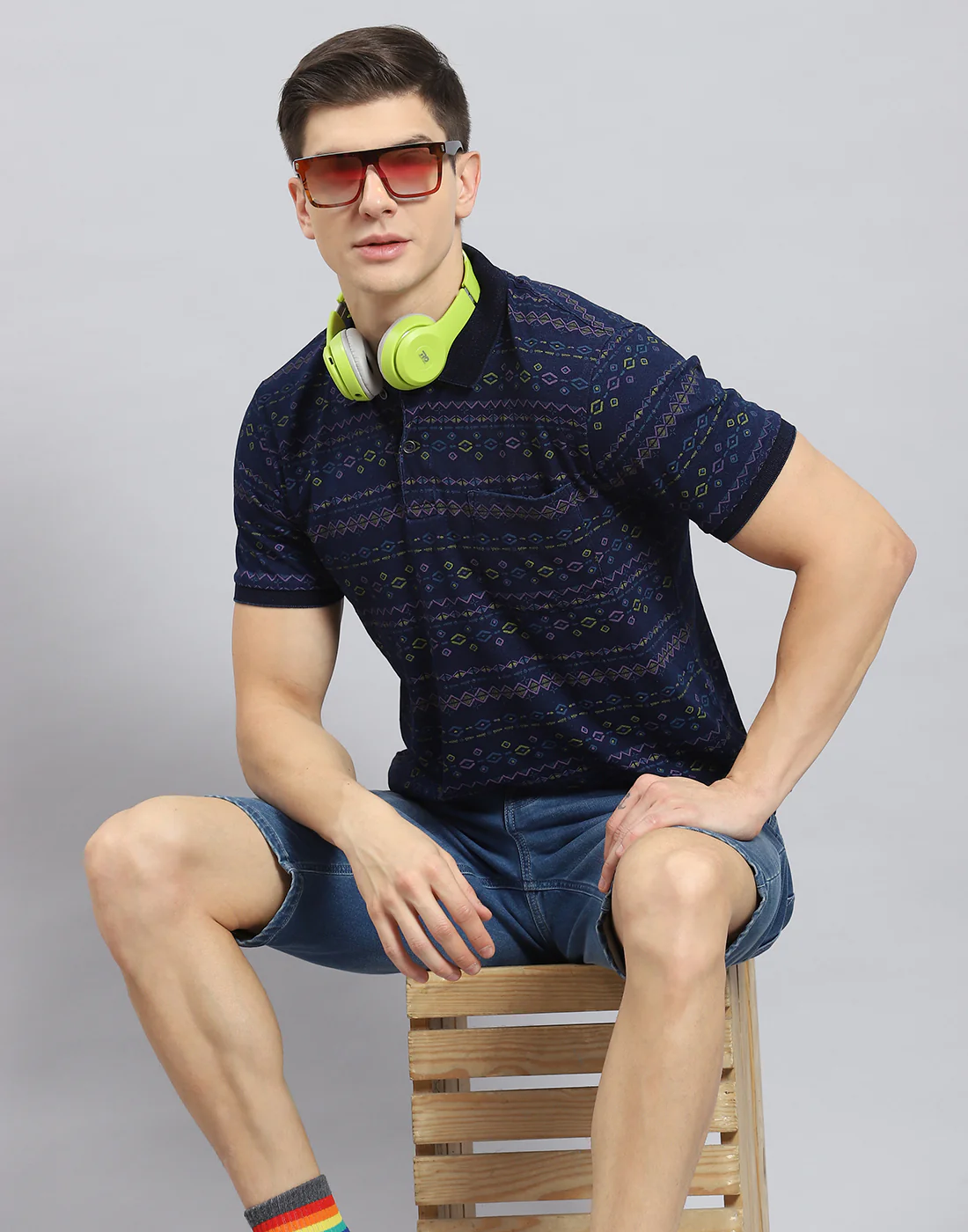 Men Blue Printed Polo Collar Half Sleeve T-Shirt - Image 2