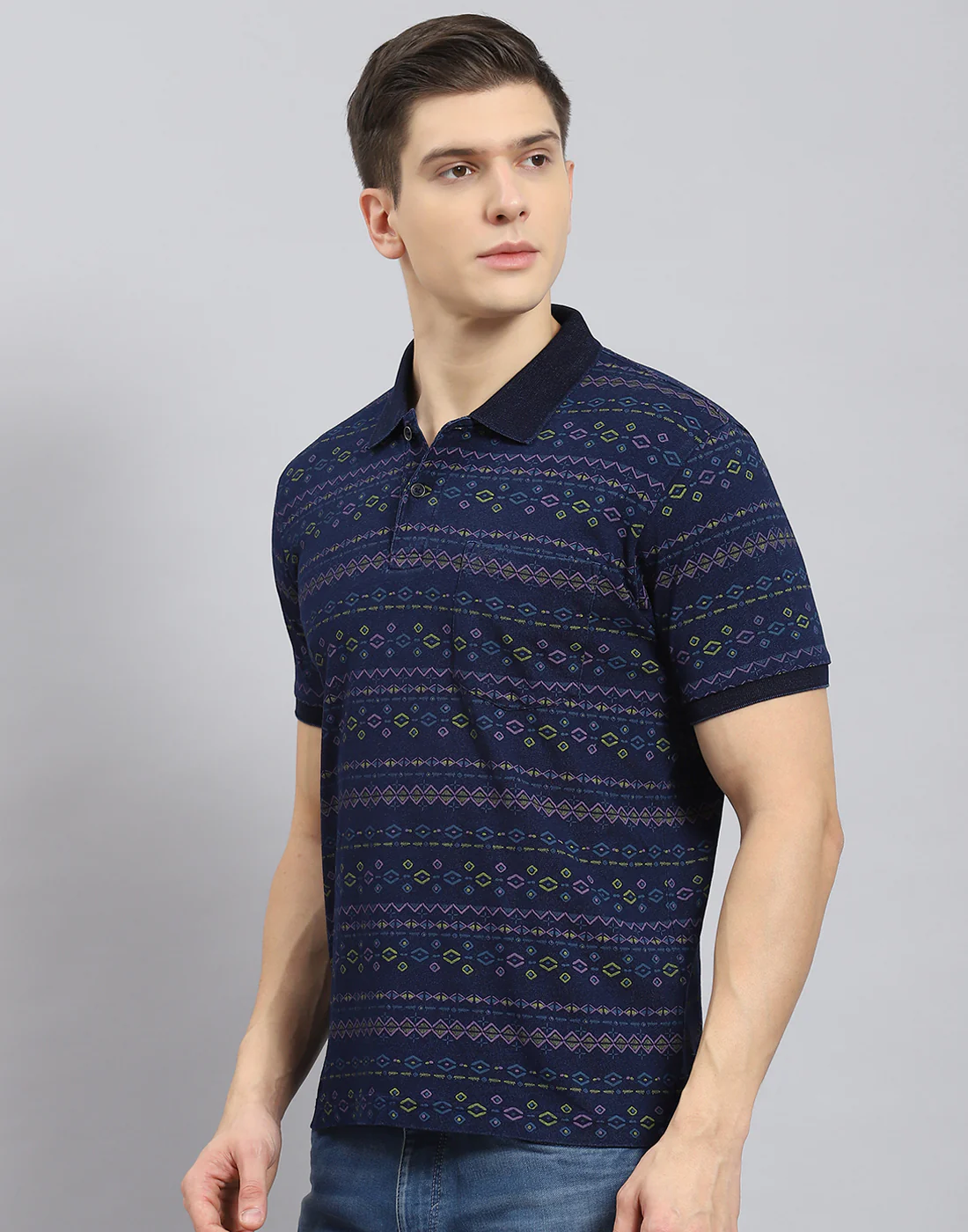 Men Blue Printed Polo Collar Half Sleeve T-Shirt - Image 4