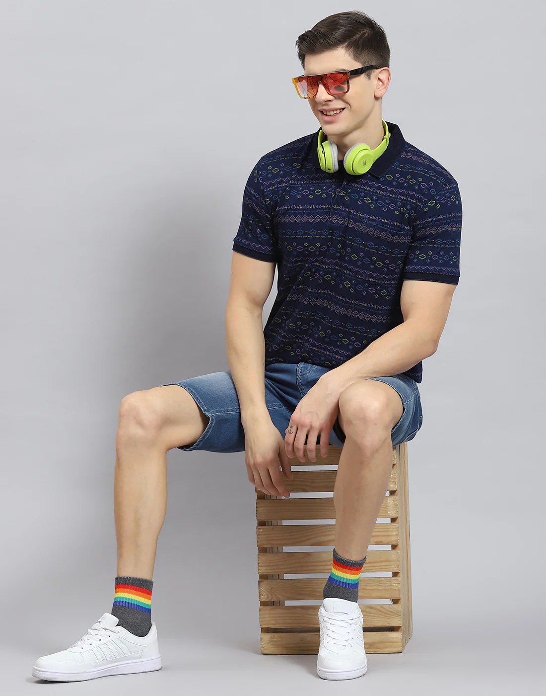 Men Blue Printed Polo Collar Half Sleeve T-Shirt - Image 7