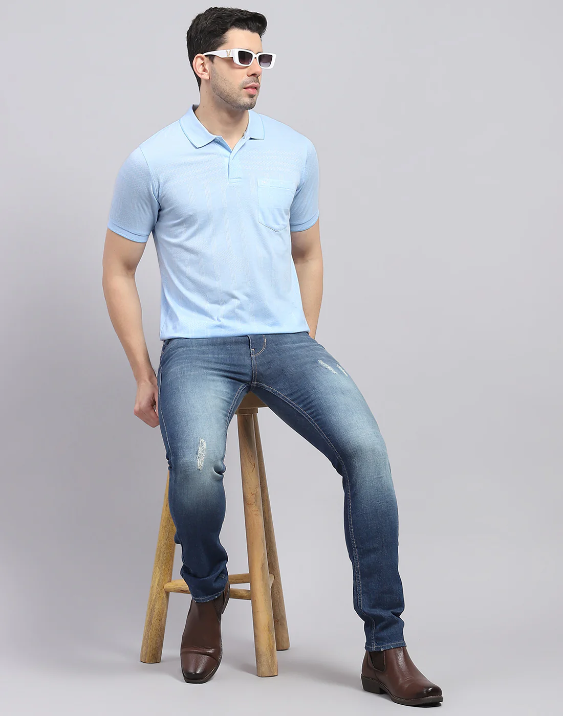Men Blue Printed Polo Collar Half Sleeve T-Shirt - Image 2