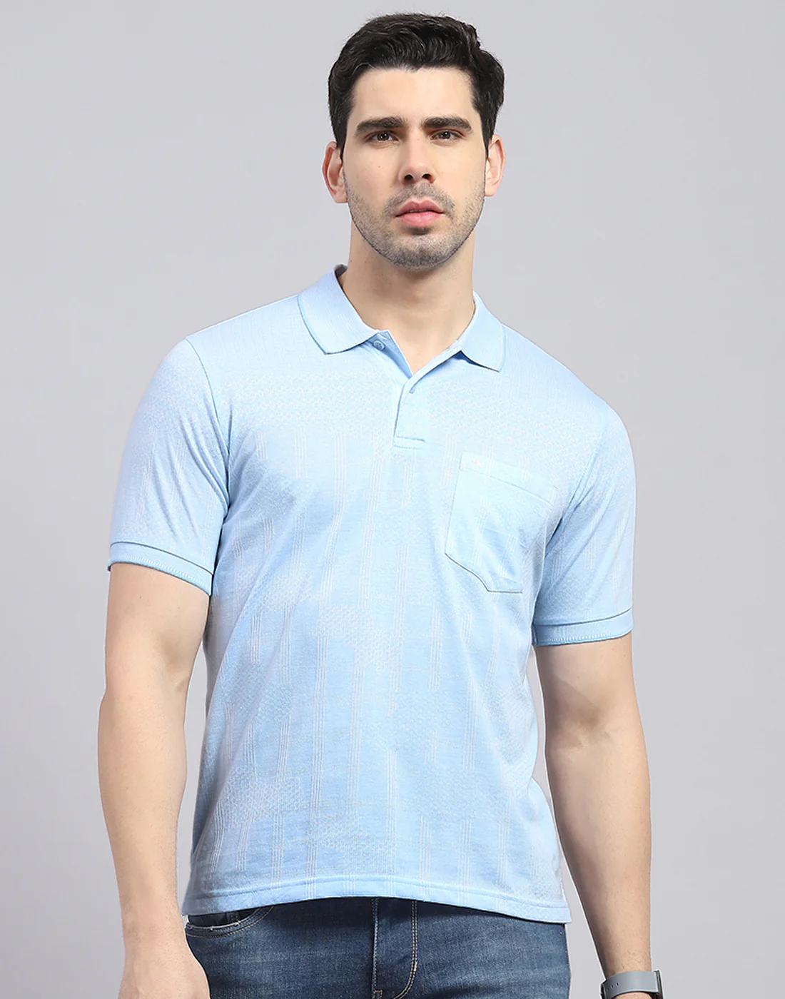 Men Blue Printed Polo Collar Half Sleeve T-Shirt - Image 3