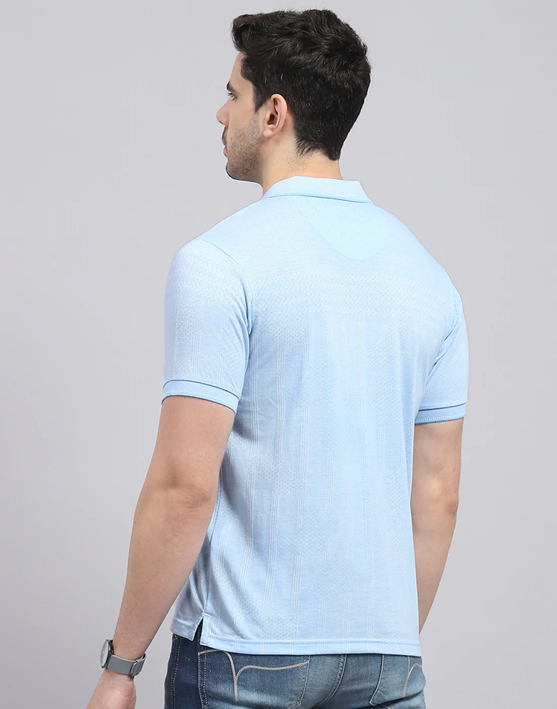 Men Blue Printed Polo Collar Half Sleeve T-Shirt - Image 6