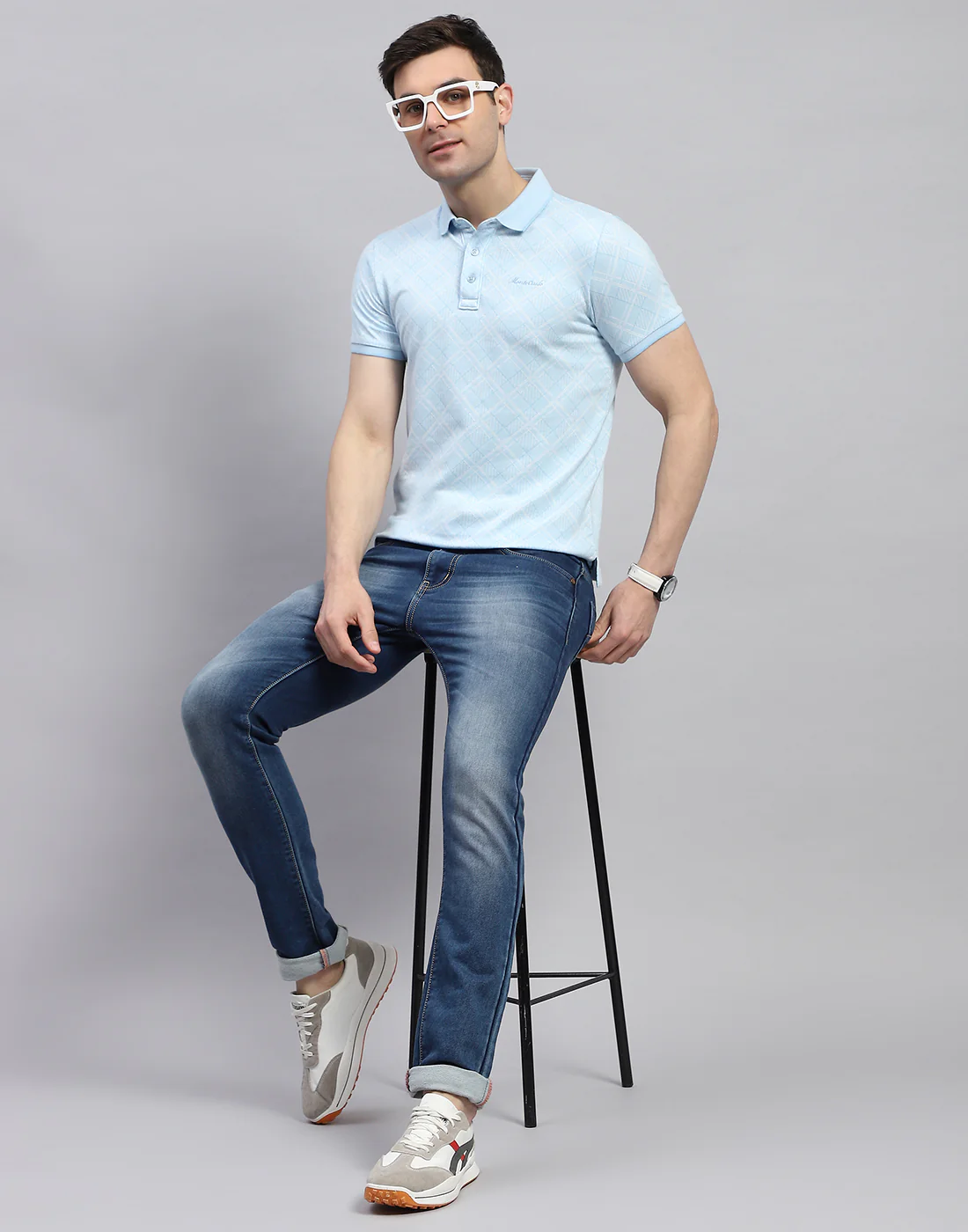 Men Blue Printed Polo Collar Half Sleeve T-Shirt - Image 2
