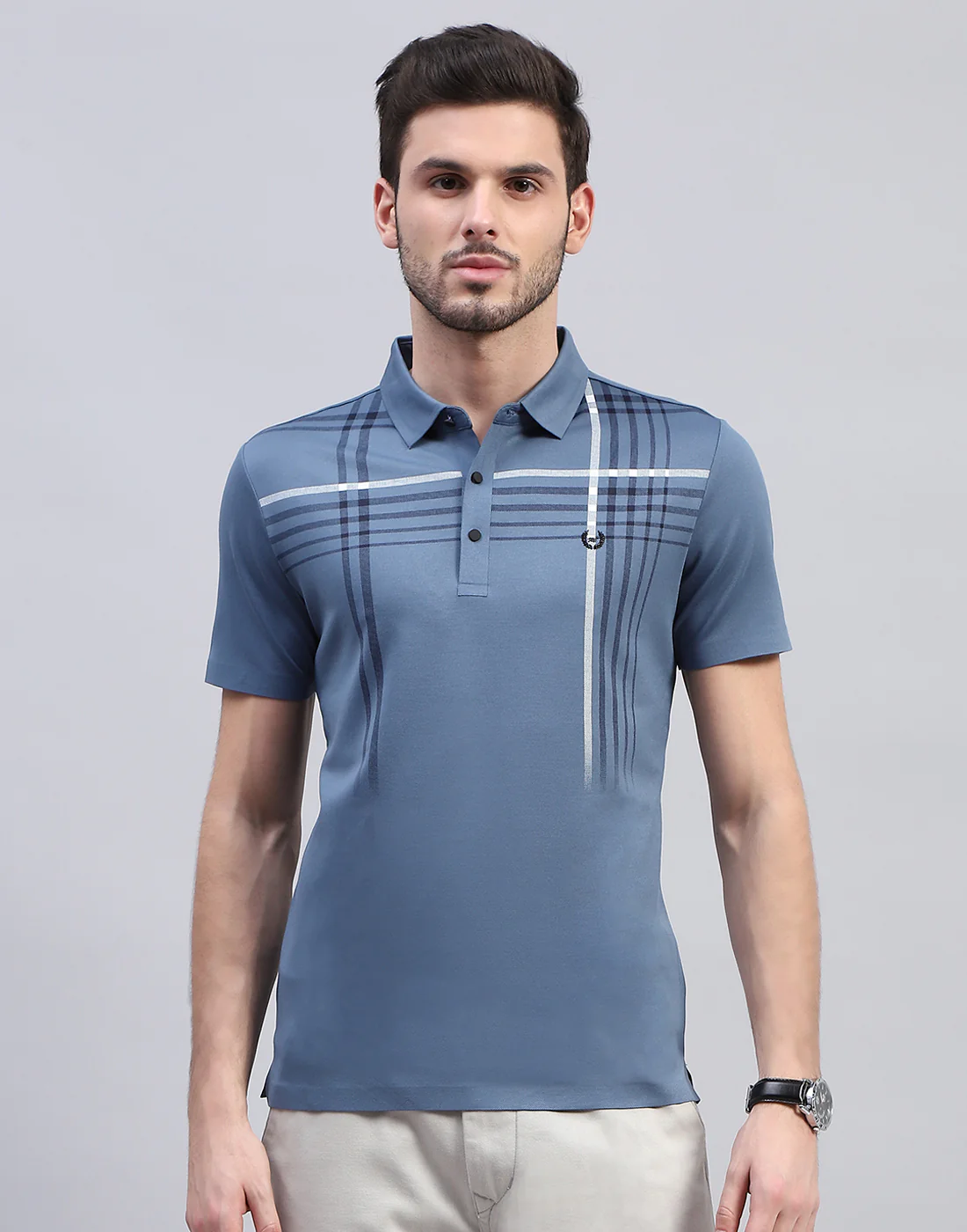 Men Blue Printed Polo Collar Half Sleeve T-Shirt - Image 3