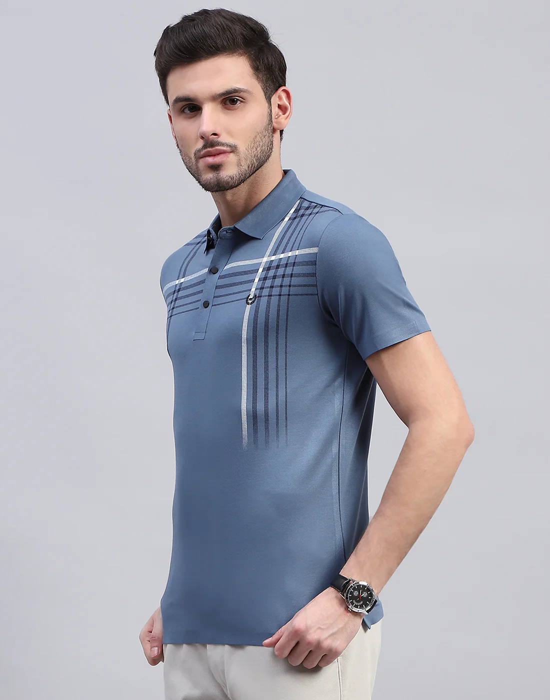 Men Blue Printed Polo Collar Half Sleeve T-Shirt - Image 4