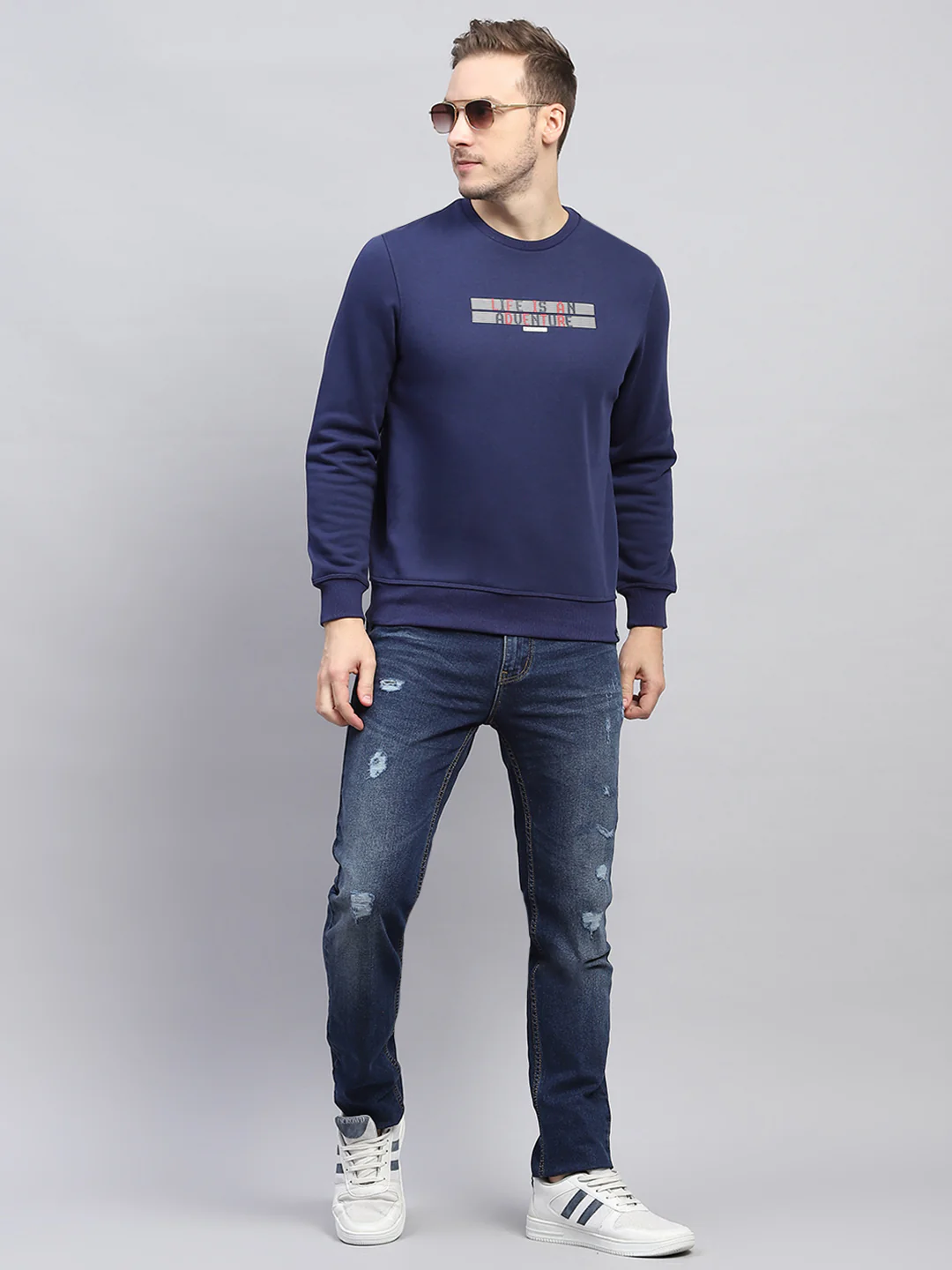 Men Blue Printed Round Neck Full Sleeve Sweatshirt - Image 2