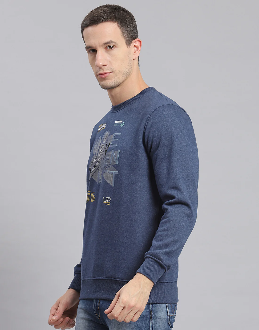 Men Blue Printed Round Neck Full Sleeve Sweatshirt - Image 3