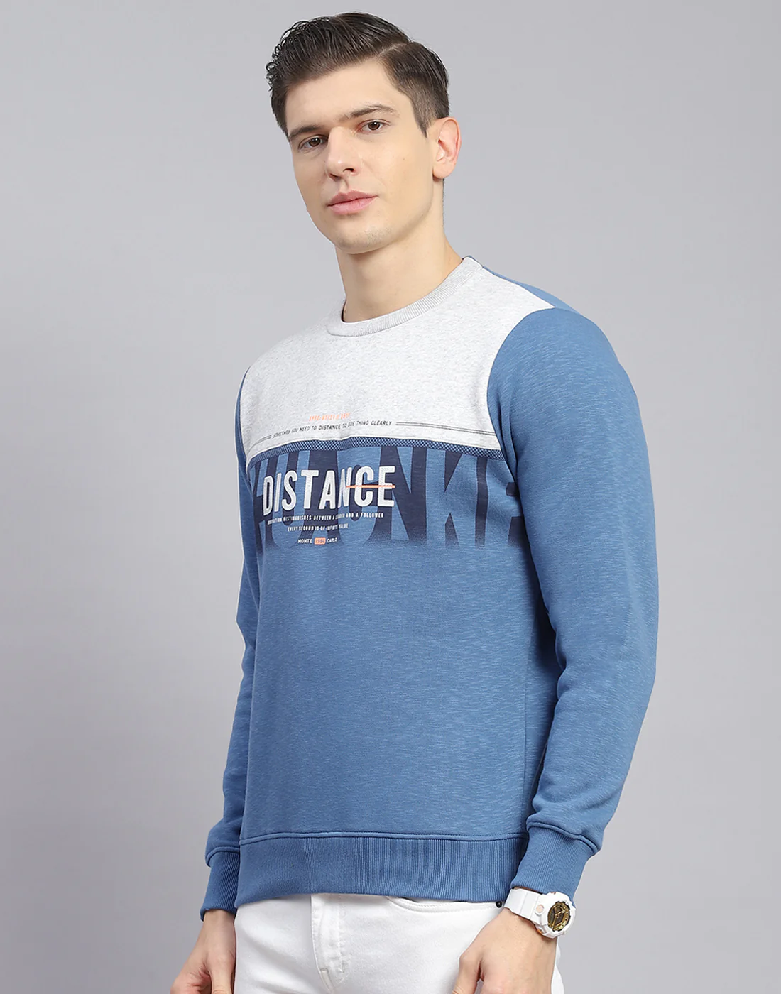 Men Blue Printed Round Neck Full Sleeve Sweatshirt - Image 4