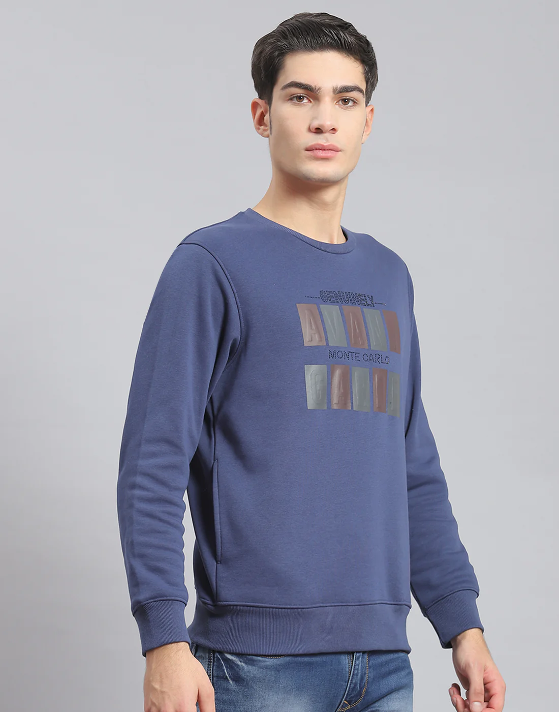 Men Blue Printed Round Neck Full Sleeve Sweatshirt - Image 5