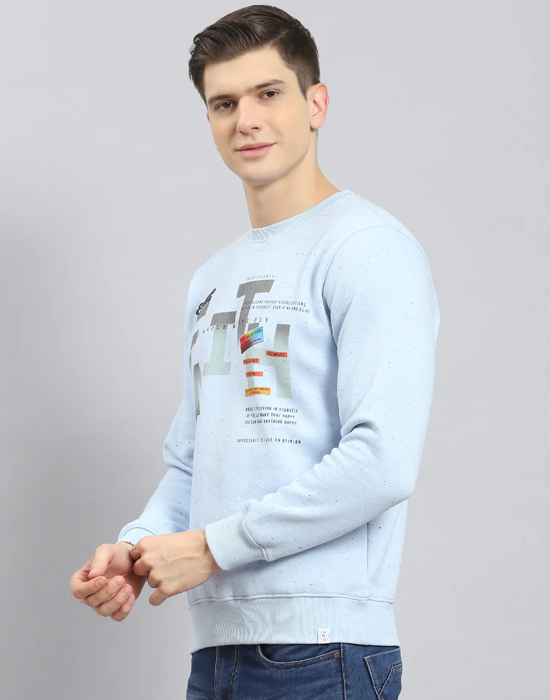 Men Blue Printed Round Neck Full Sleeve Sweatshirt - Image 4