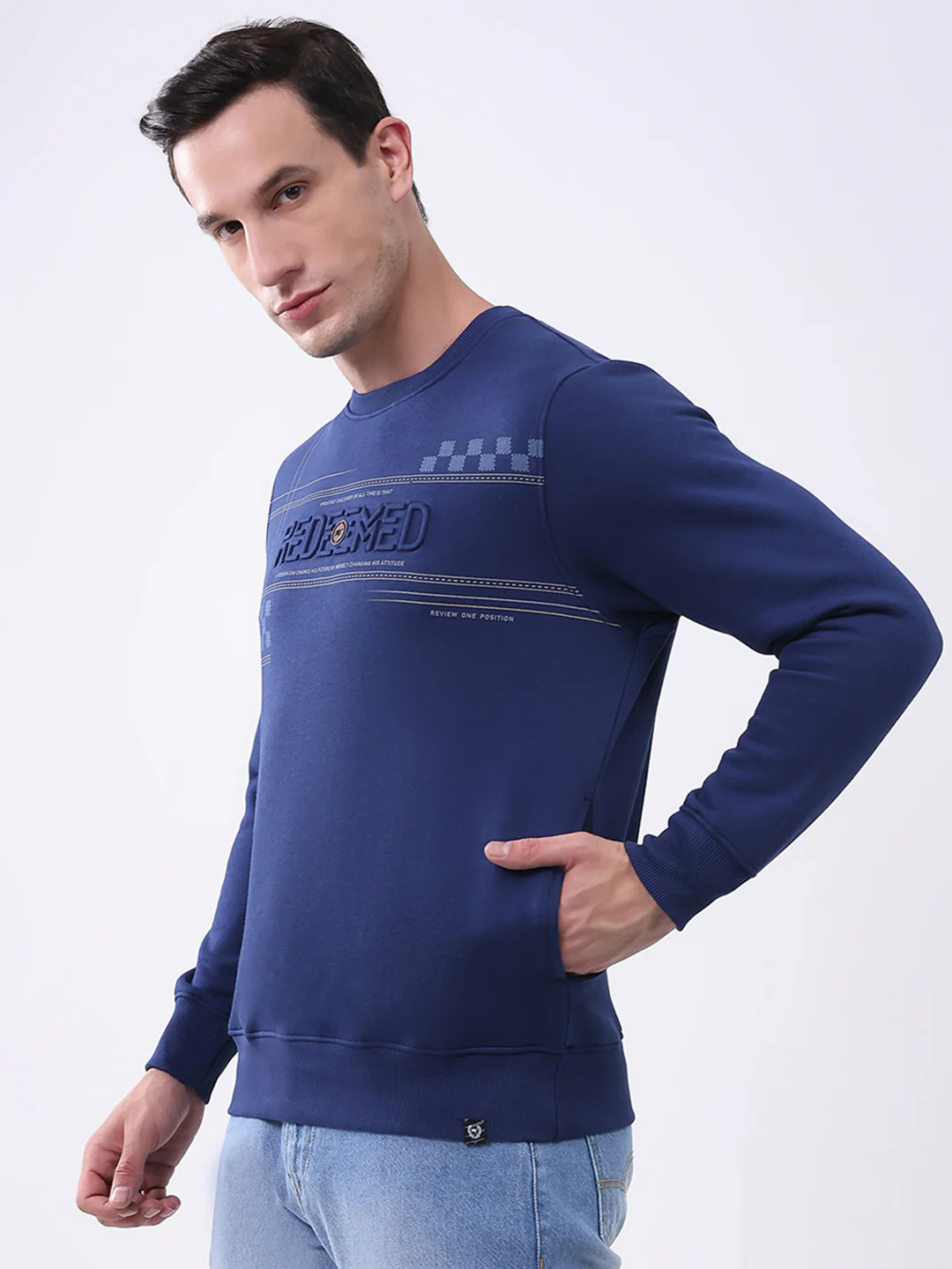 Men Blue Printed Round Neck Full Sleeve Sweatshirt - Image 3