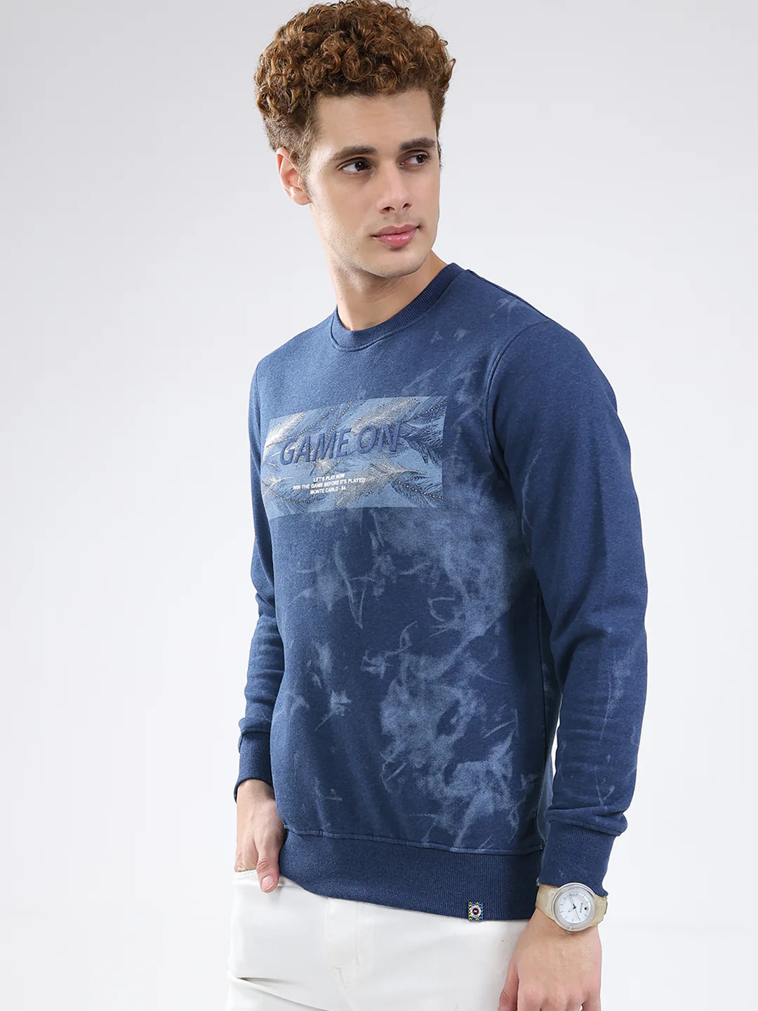 Men Blue Printed Round Neck Full Sleeve Sweatshirt - Image 3