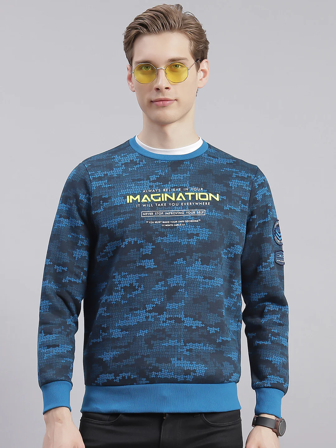 Men Blue Printed Round Neck Full Sleeve Sweatshirts - Image 3