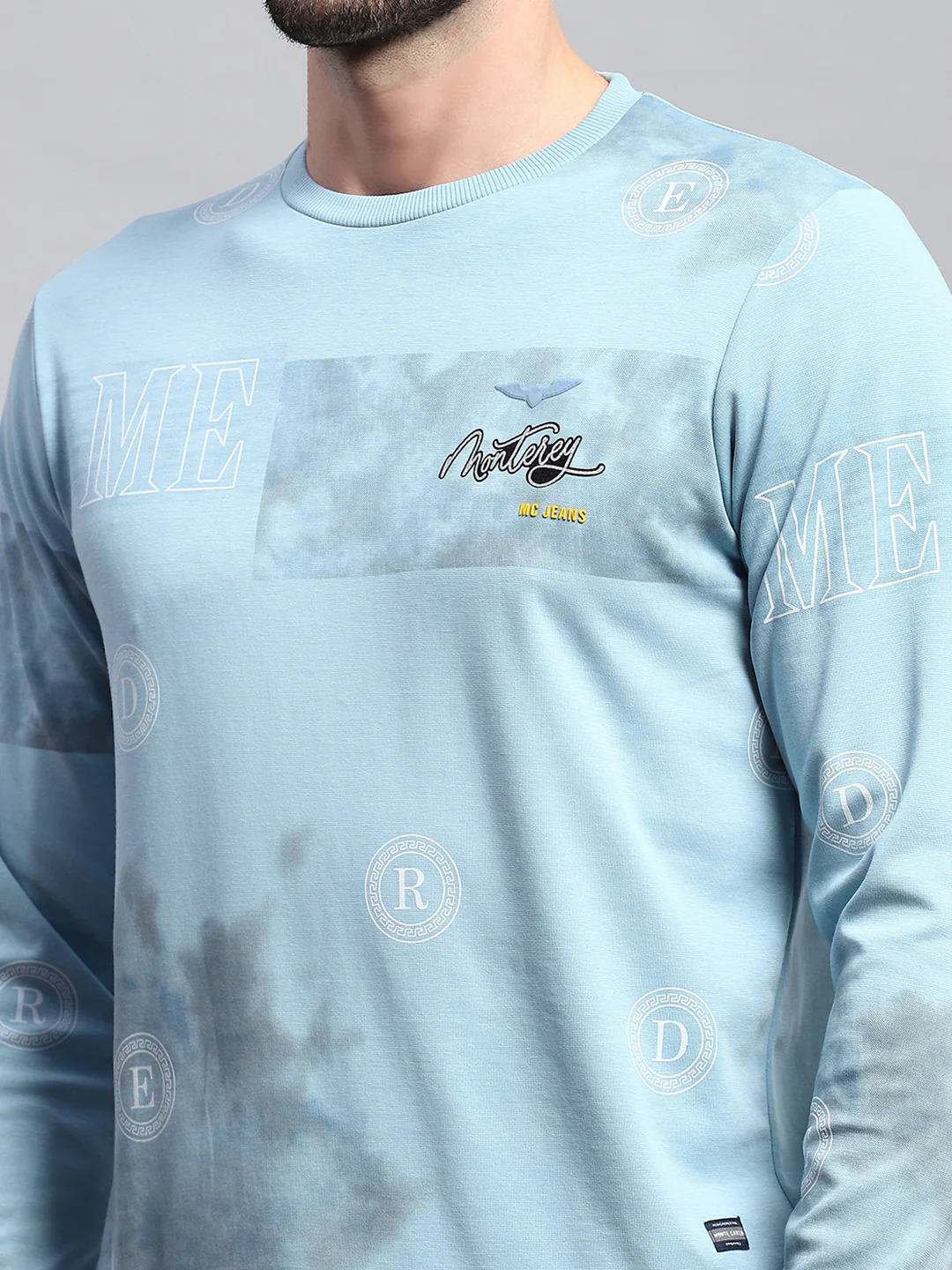 Men Blue Printed Round Neck Full Sleeve T-Shirt - Image 7