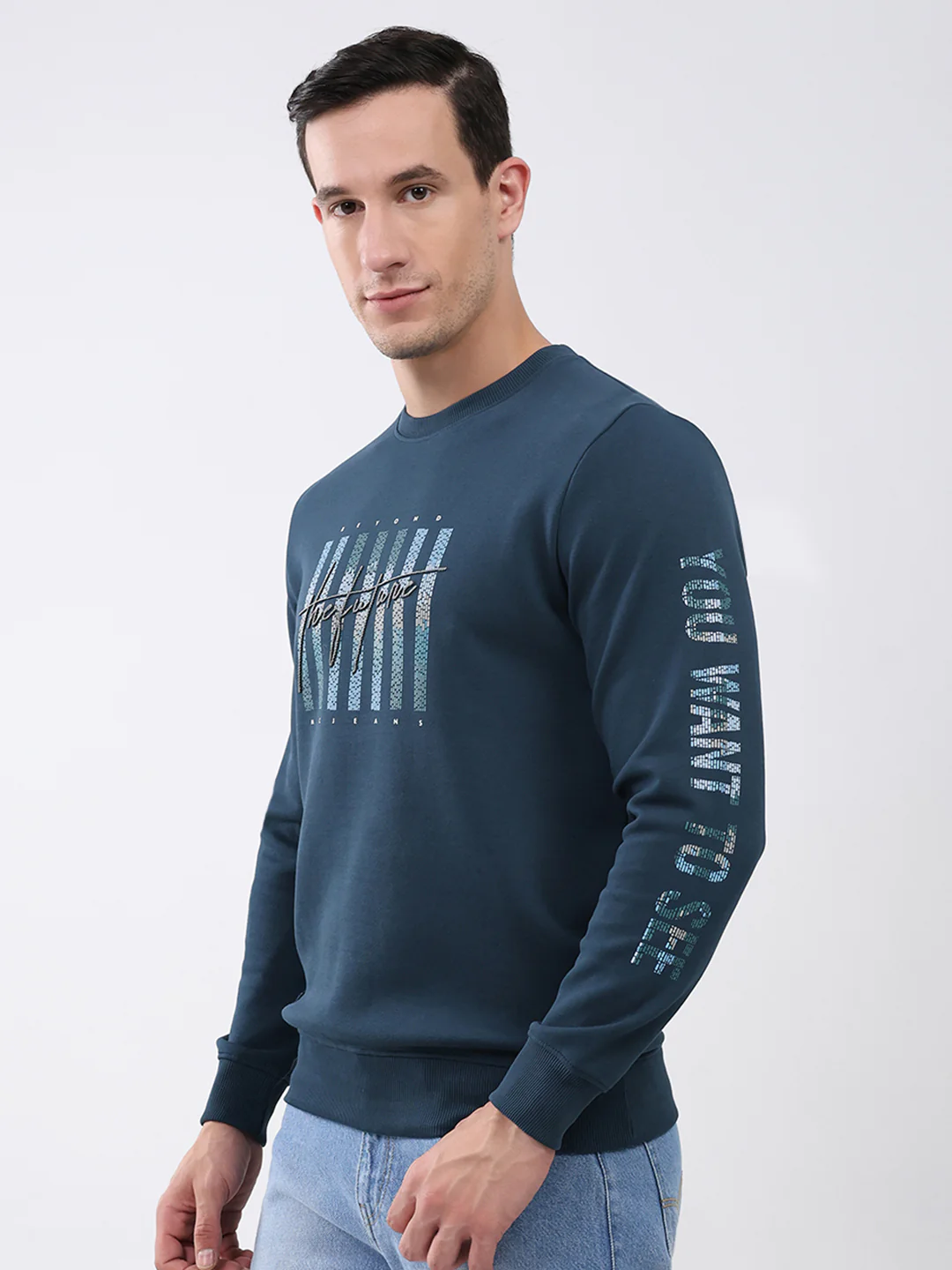 Men Blue Printed Round Neck Full Sleeve Winter T-Shirt - Image 3