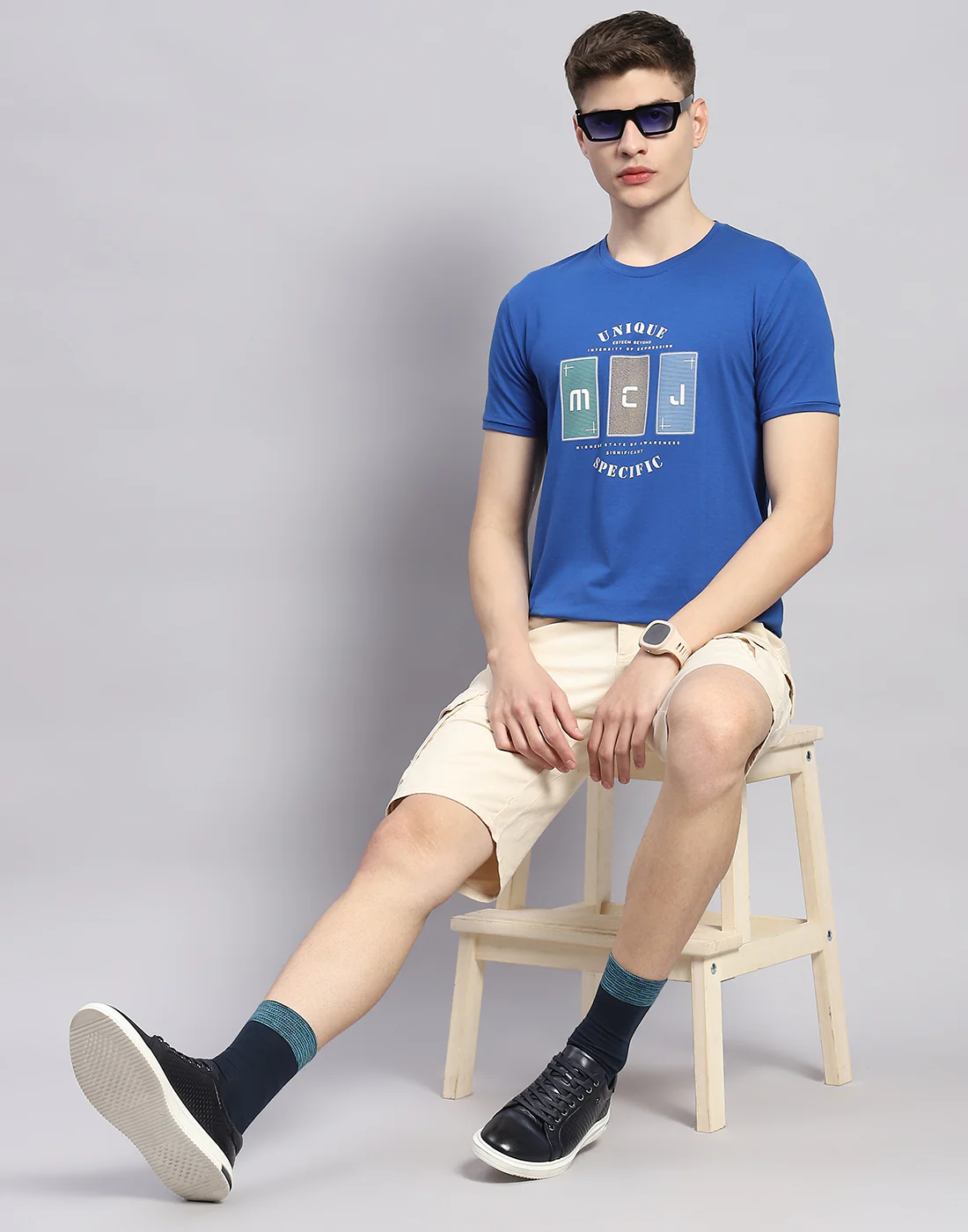 Men Blue Printed Round Neck Half Sleeve T-Shirt - Image 2