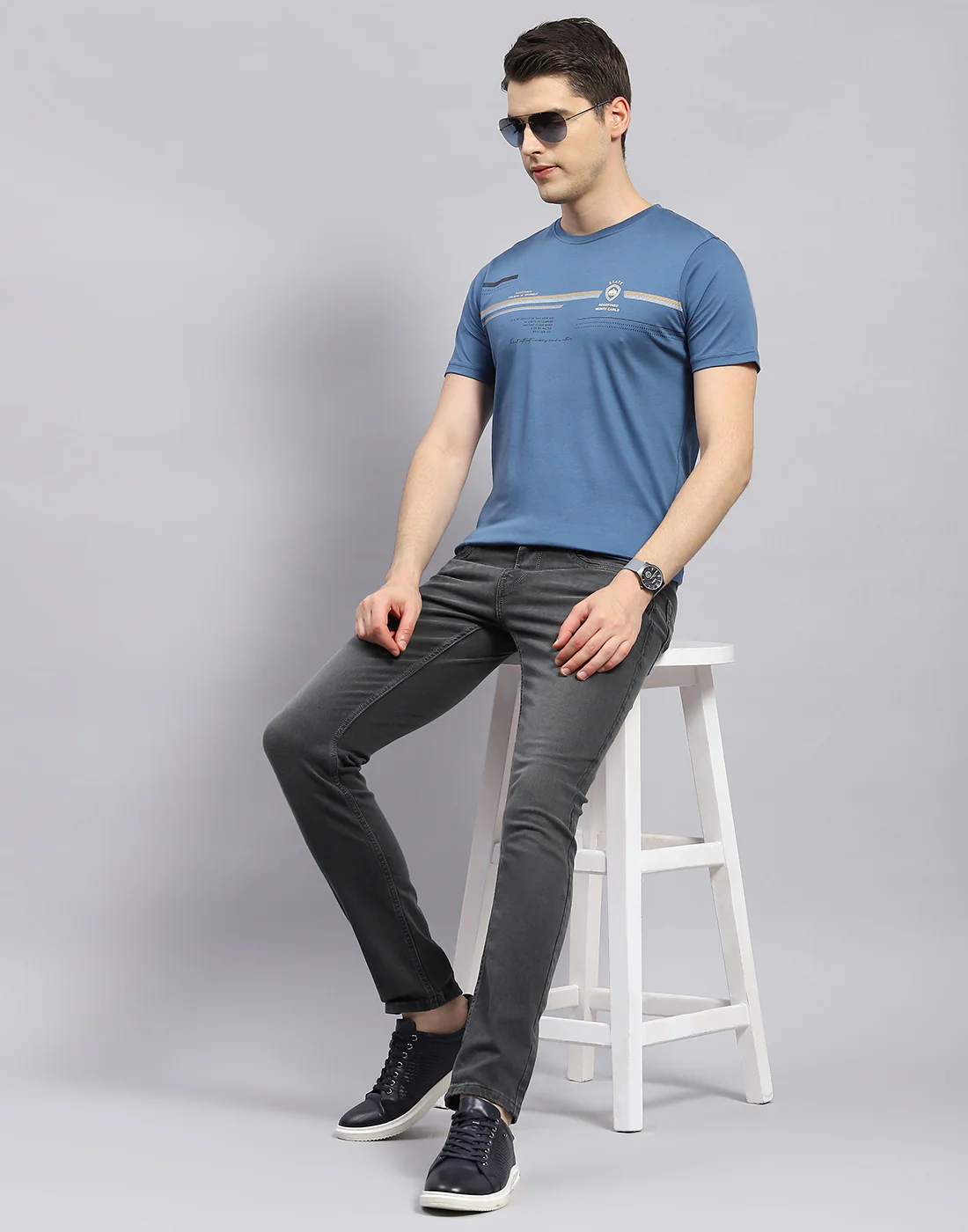 Men Blue Printed Round Neck Half Sleeve T-Shirt - Image 2
