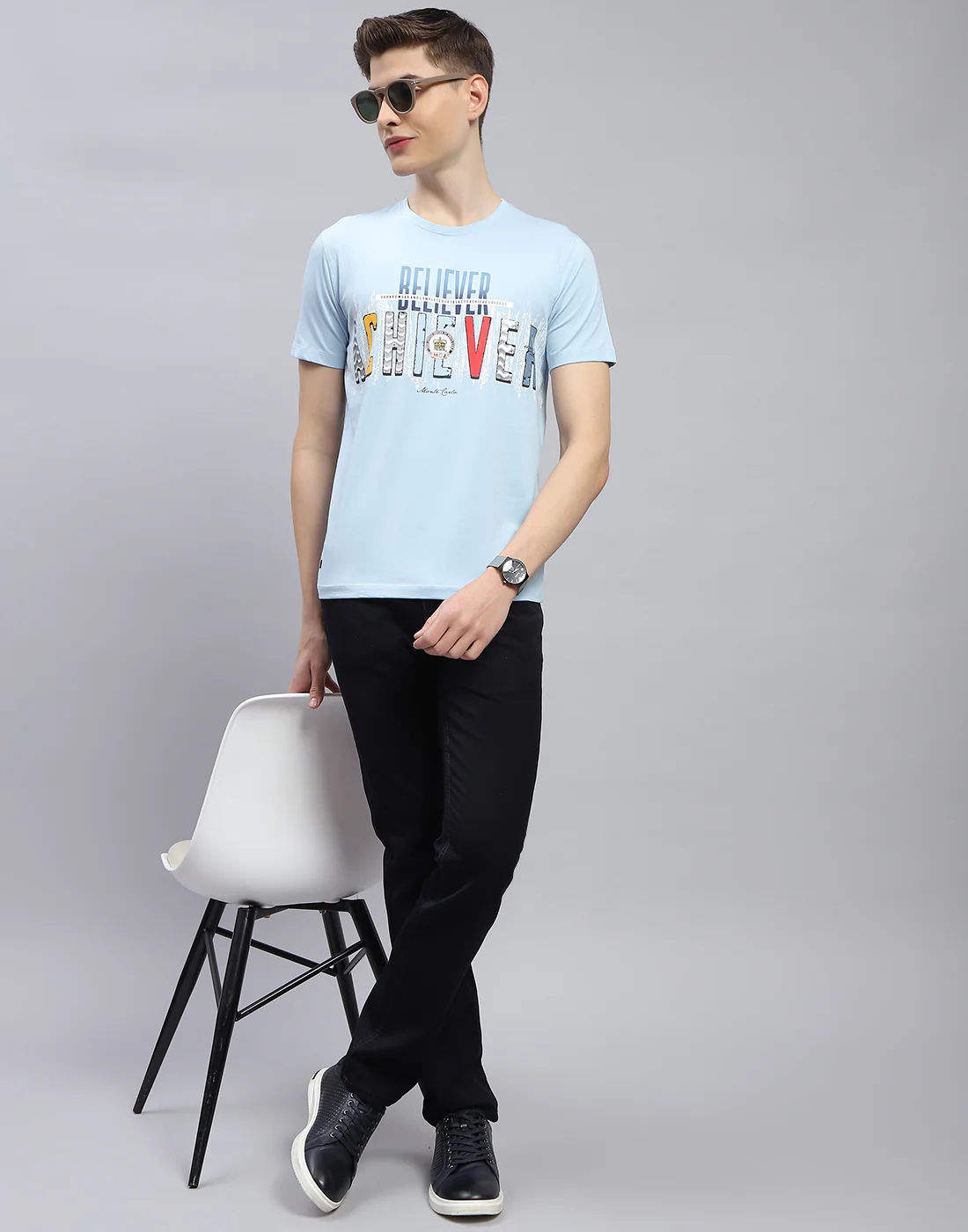 Men Blue Printed Round Neck Half Sleeve T-Shirt - Image 5