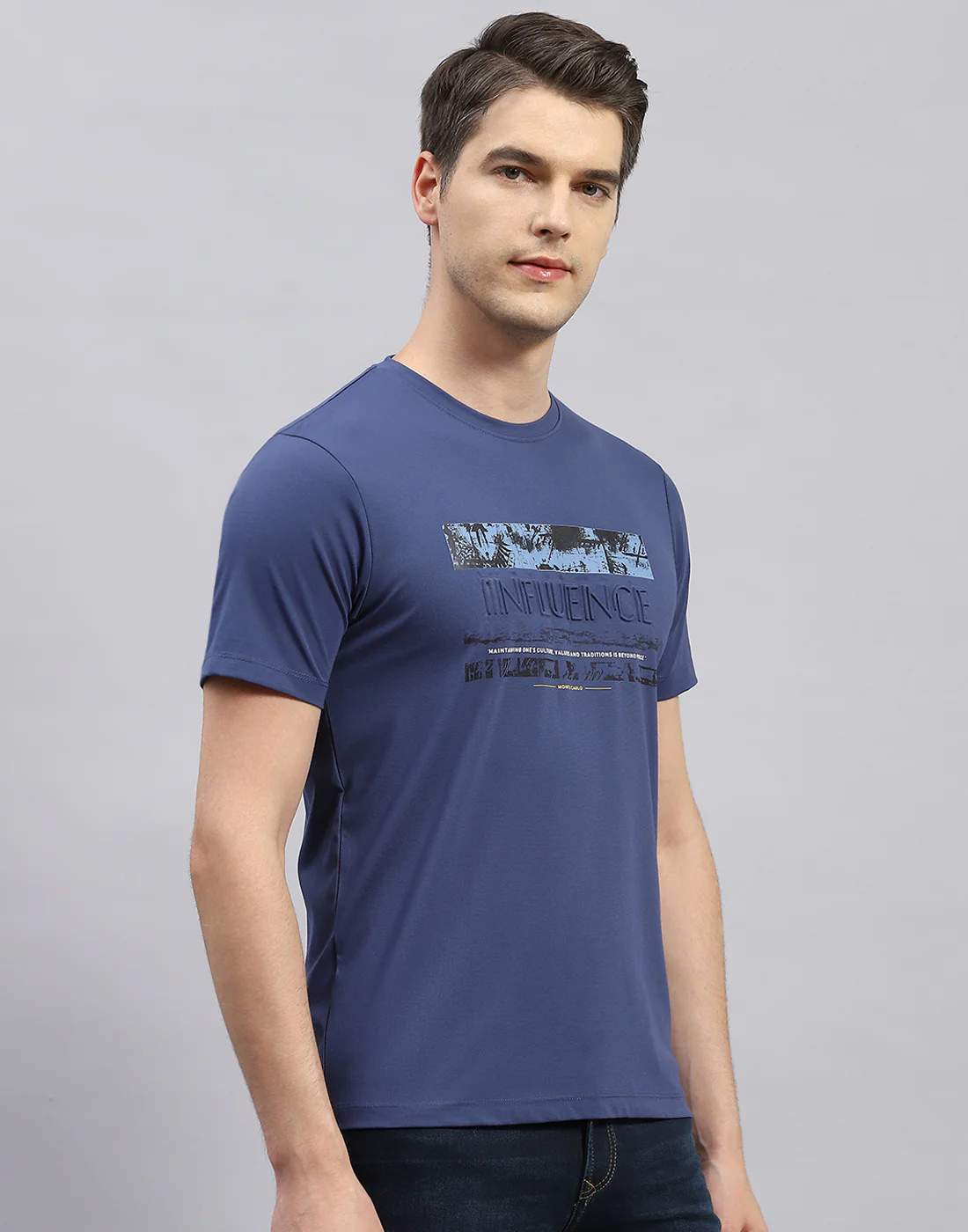 Men Blue Printed Round Neck Half Sleeve T-Shirt - Image 4
