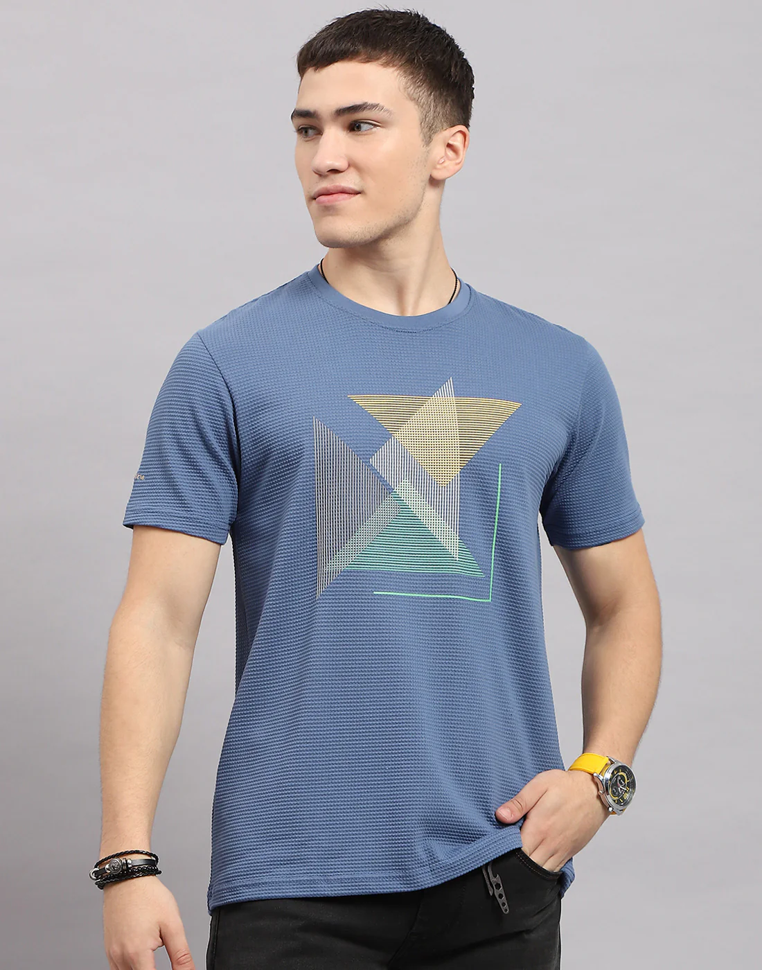 Men Blue Printed Round Neck Half Sleeve T-Shirt - Image 2