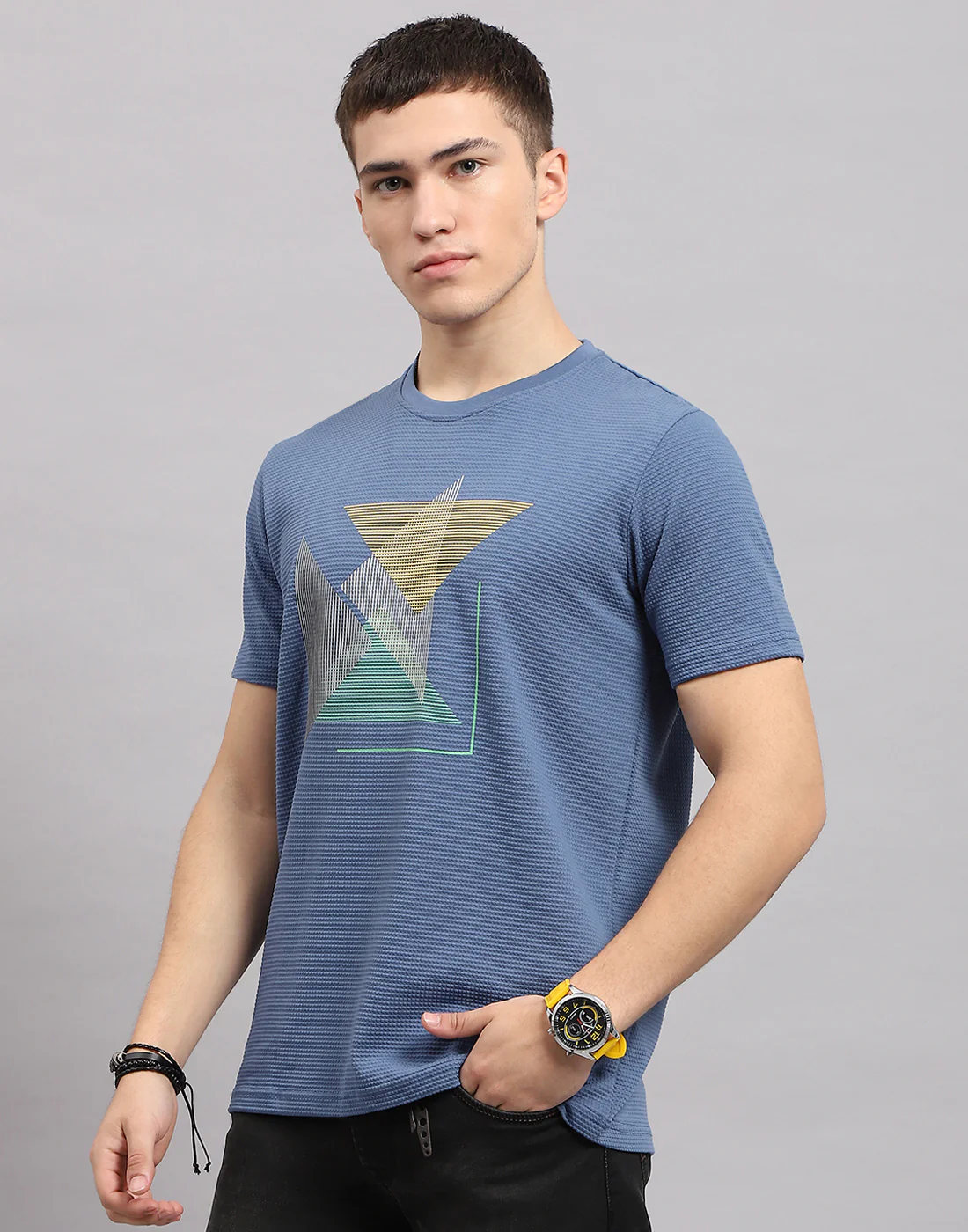 Men Blue Printed Round Neck Half Sleeve T-Shirt - Image 3
