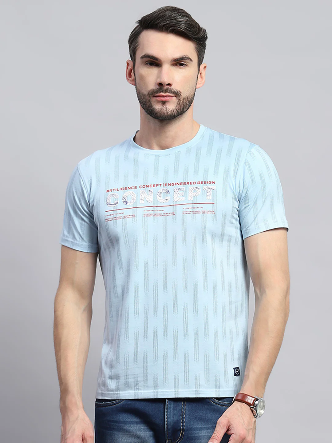 Men Blue Printed Round Neck Half Sleeve T-Shirt - Image 2