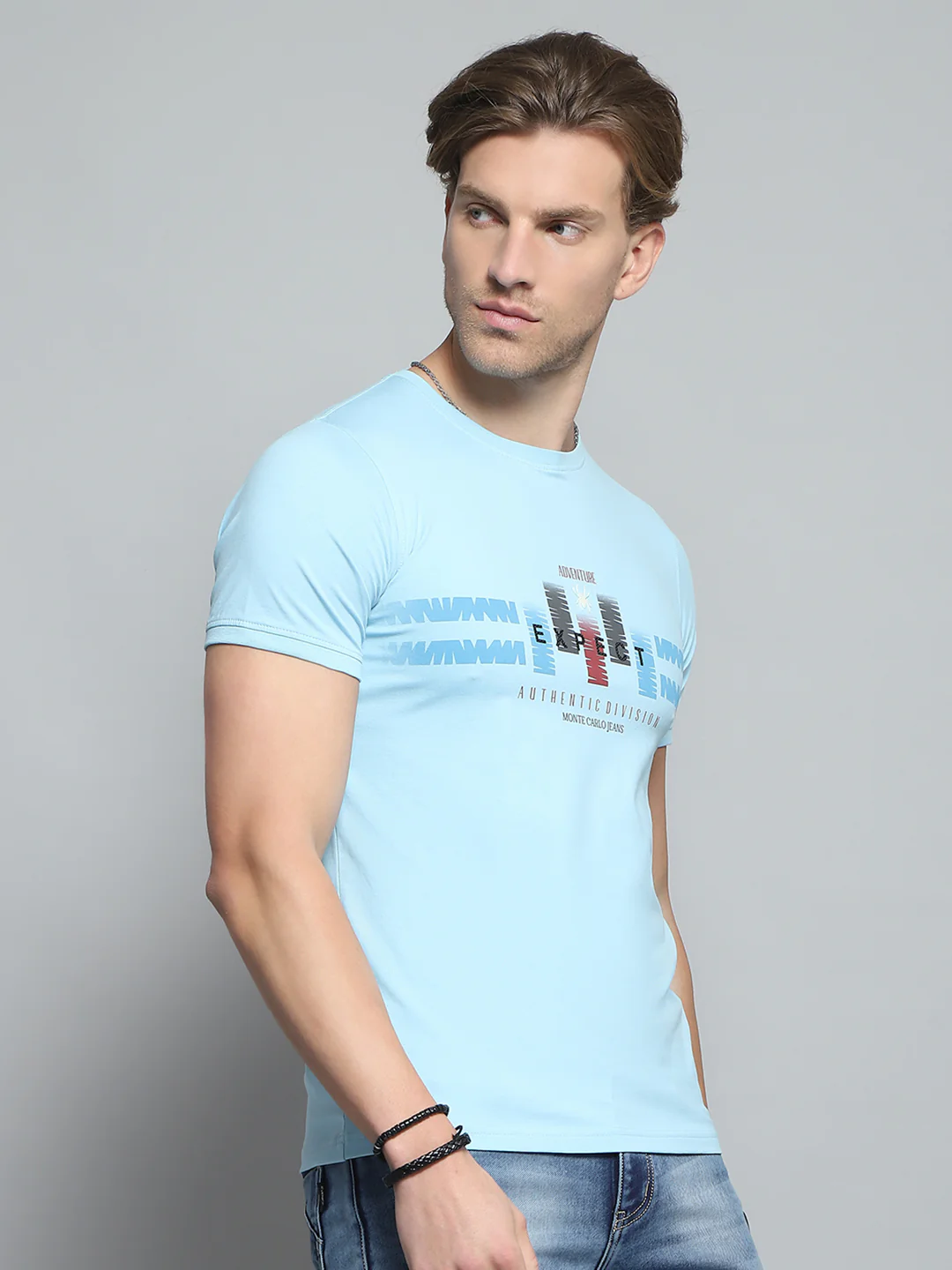 Men Blue Printed Round Neck Half Sleeve T-Shirt - Image 4