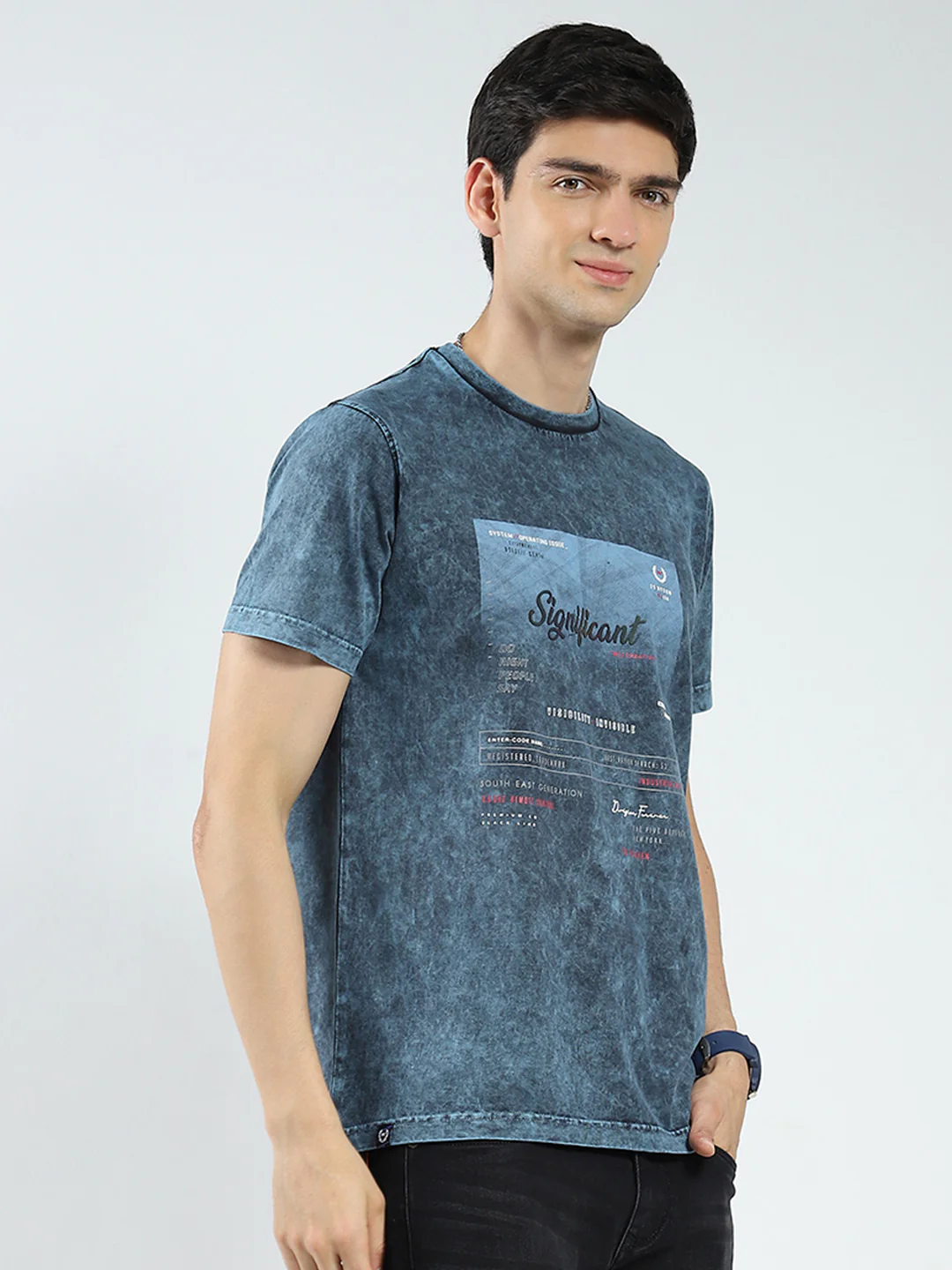 Men Blue Printed Round Neck Half Sleeve T-Shirt - Image 4