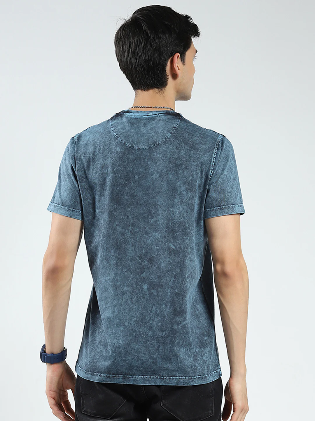 Men Blue Printed Round Neck Half Sleeve T-Shirt - Image 5