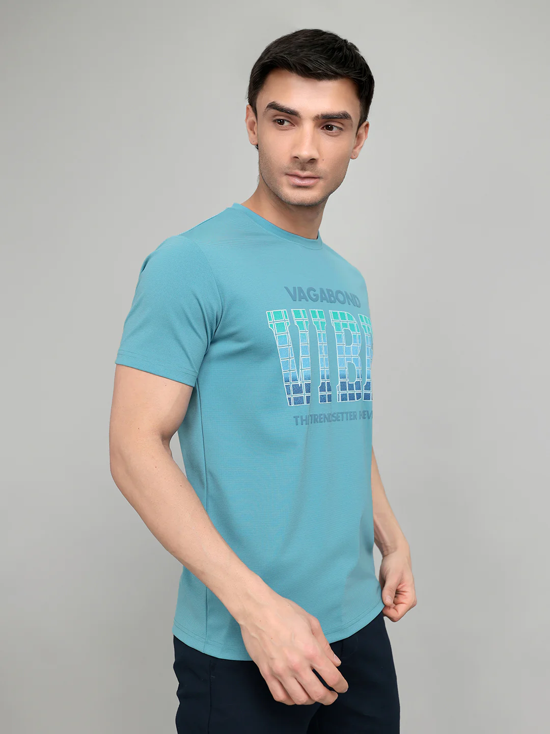 Men Blue Printed Round Neck Half Sleeve T-Shirt - Image 3