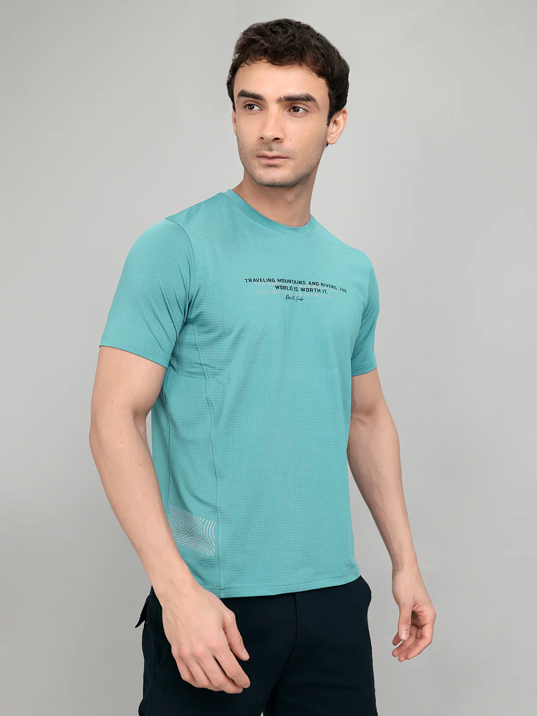 Men Blue Printed Round Neck Half Sleeve T-Shirt - Image 3