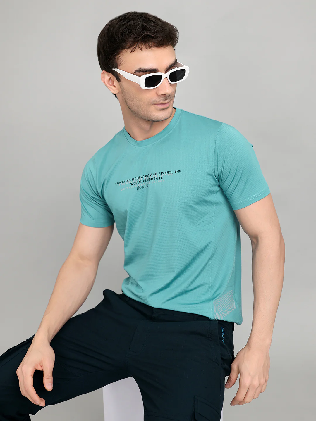 Men Blue Printed Round Neck Half Sleeve T-Shirt - Image 6