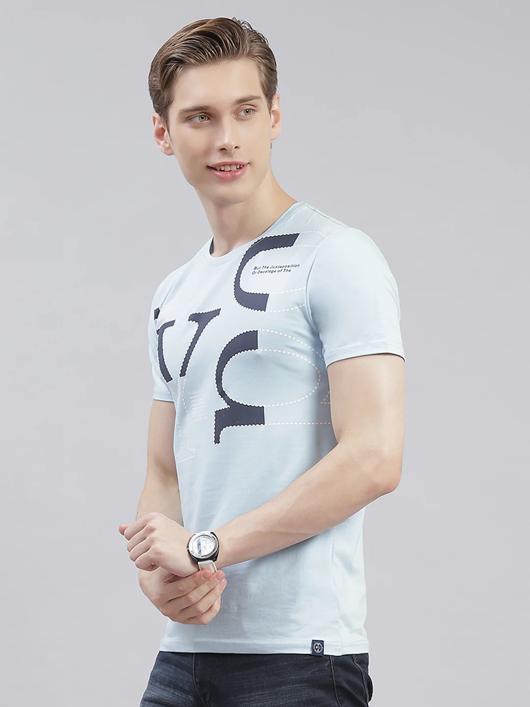 Men Blue Printed Round Neck Half Sleeve T-Shirts - Image 3
