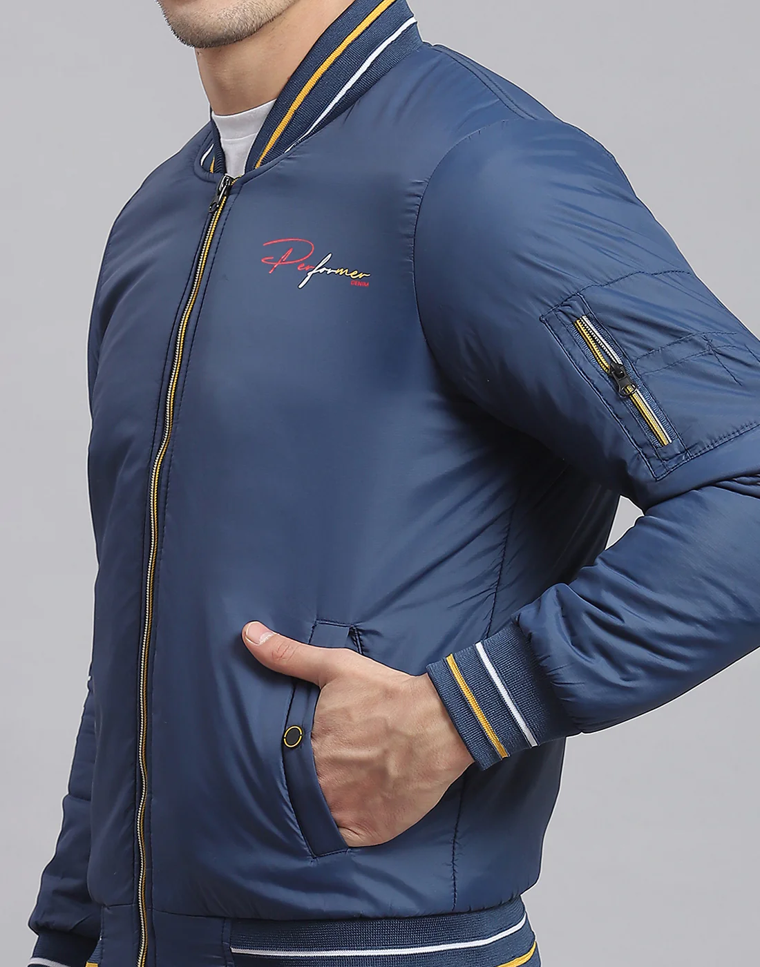 Men Blue Printed Stand Collar Full Sleeve Jacket - Image 7