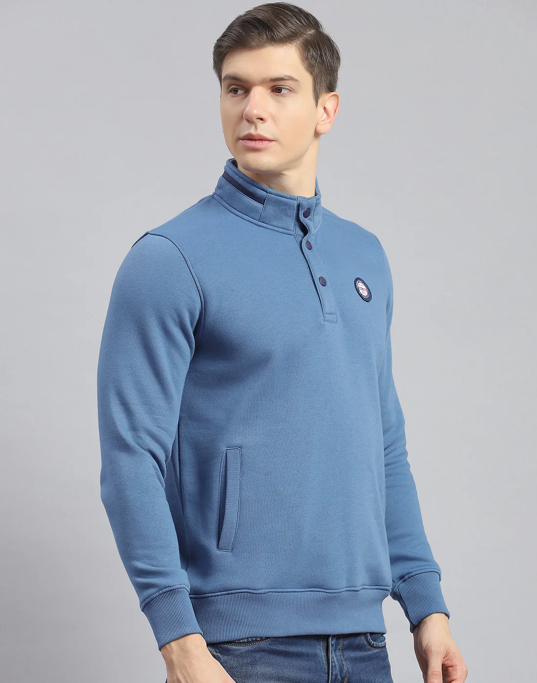 Men Blue Printed Stand Collar Full Sleeve Sweatshirt - Image 4