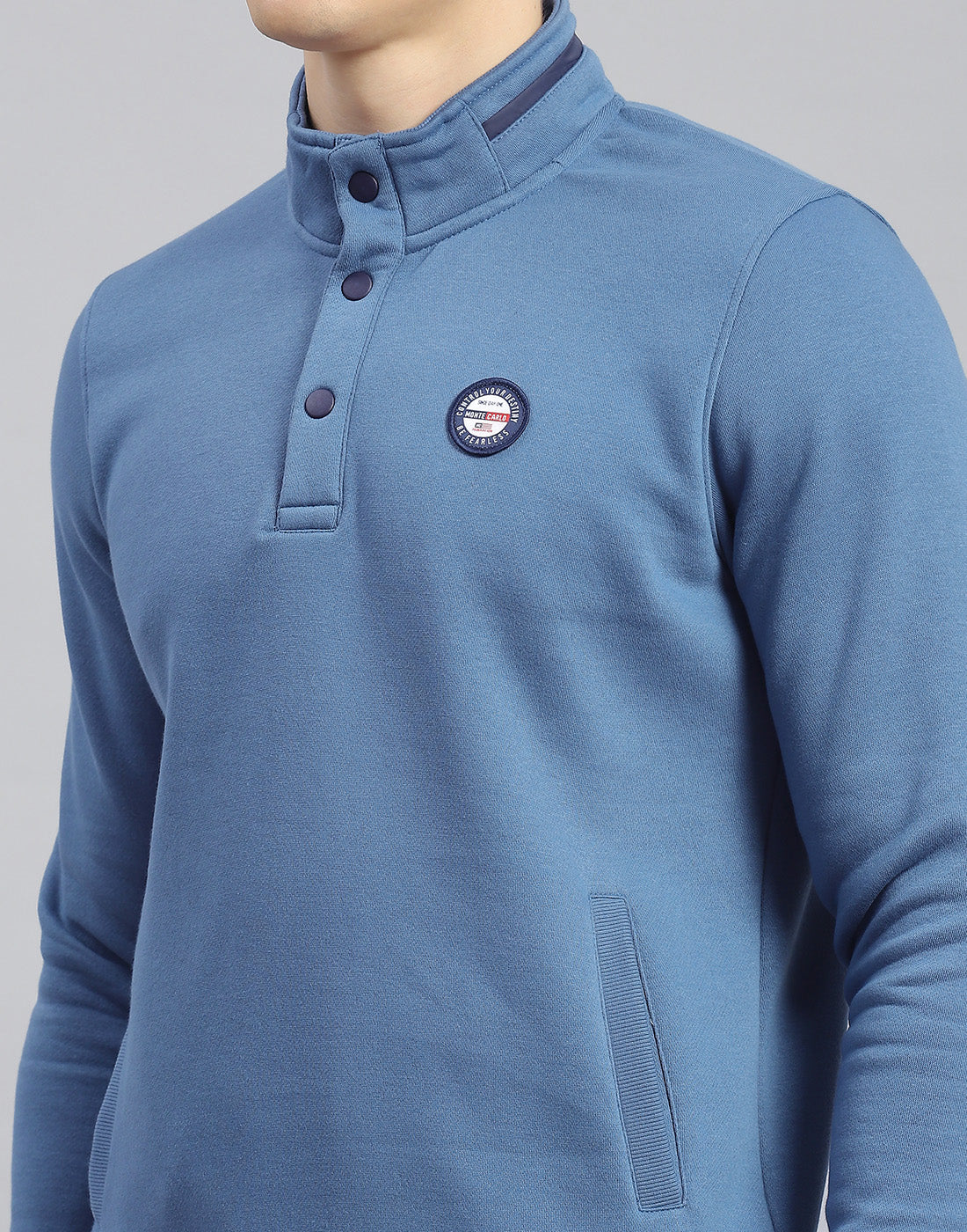 Men Blue Printed Stand Collar Full Sleeve Sweatshirt - Image 6
