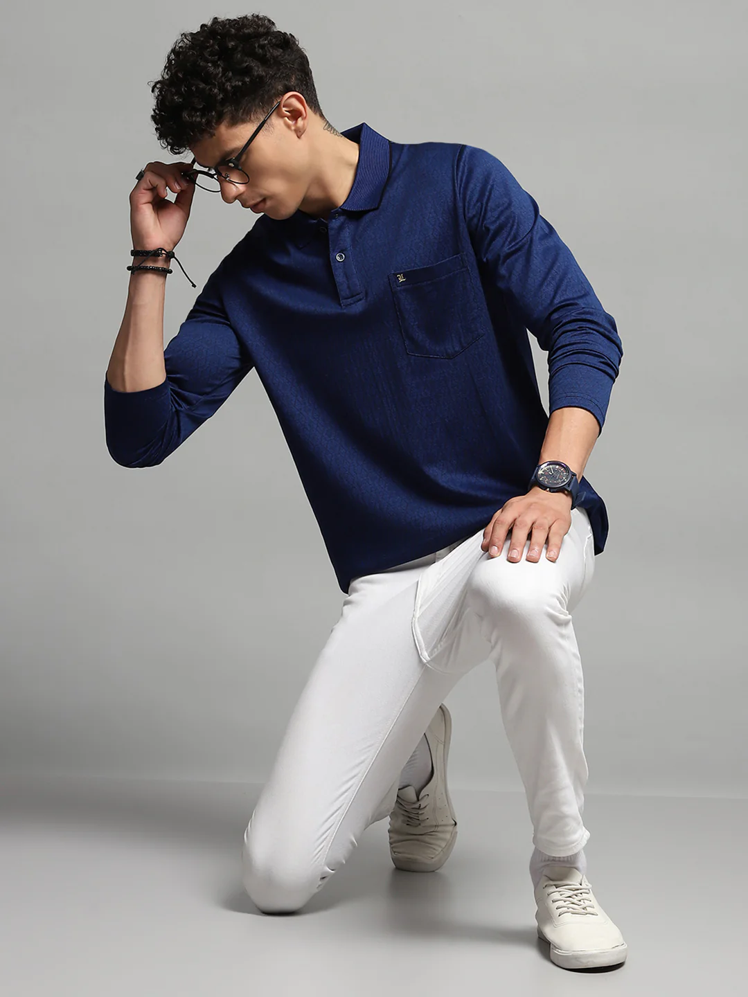 Luxuria Men Blue Self Design Collar Full Sleeve Winter T-Shirt - Image 2